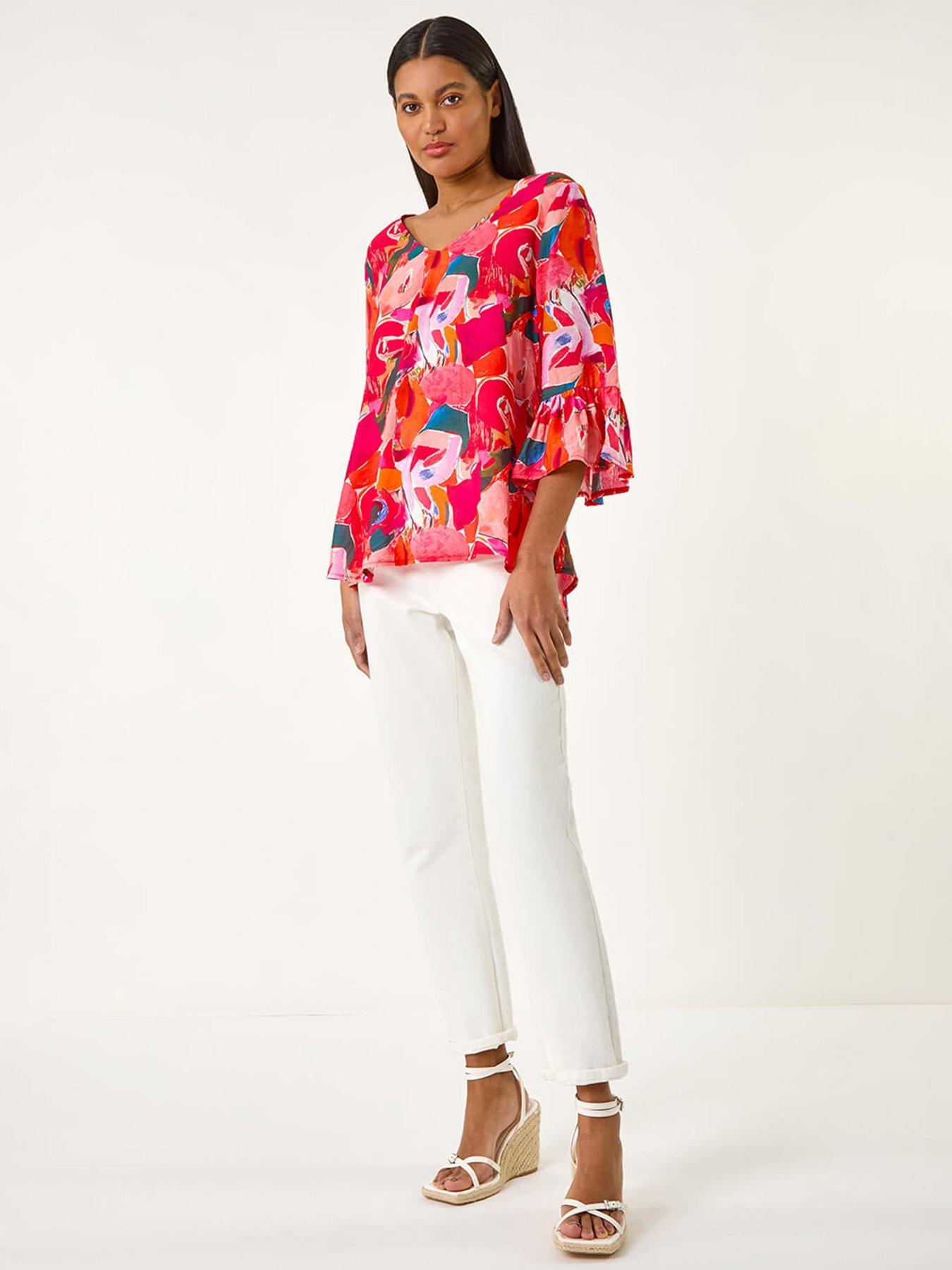  image of roman-abstract-print-flare-sleeve-top-red