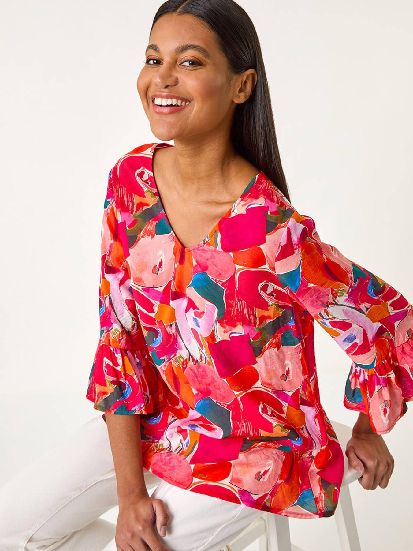  image of roman-abstract-print-flare-sleeve-top-red
