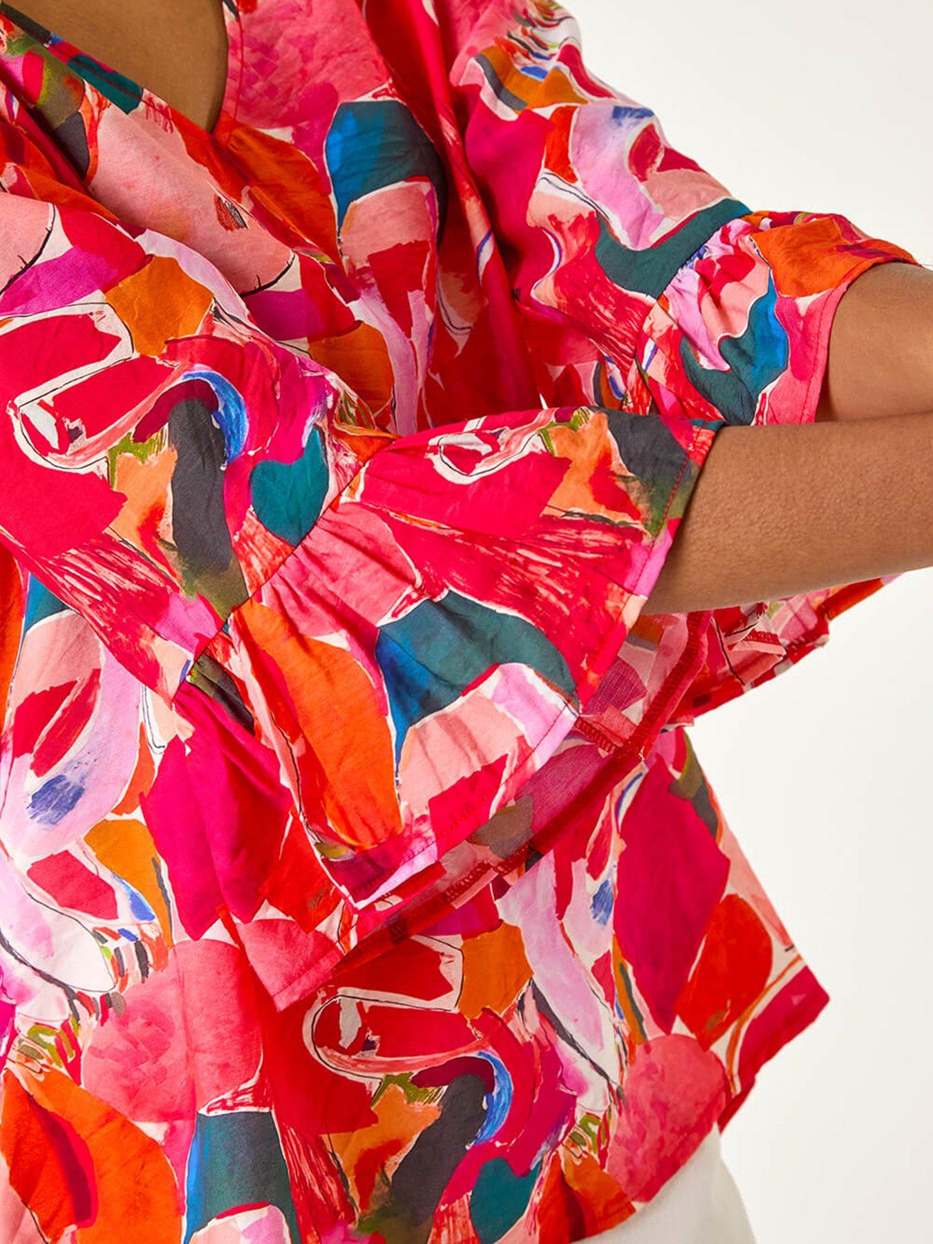  image of roman-abstract-print-flare-sleeve-top-red