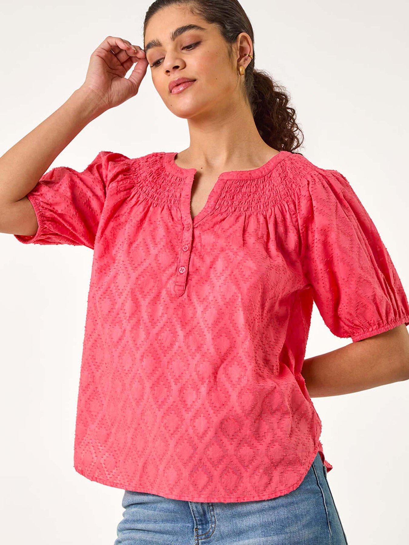 undefined Shirred Neck Textured Top - Red