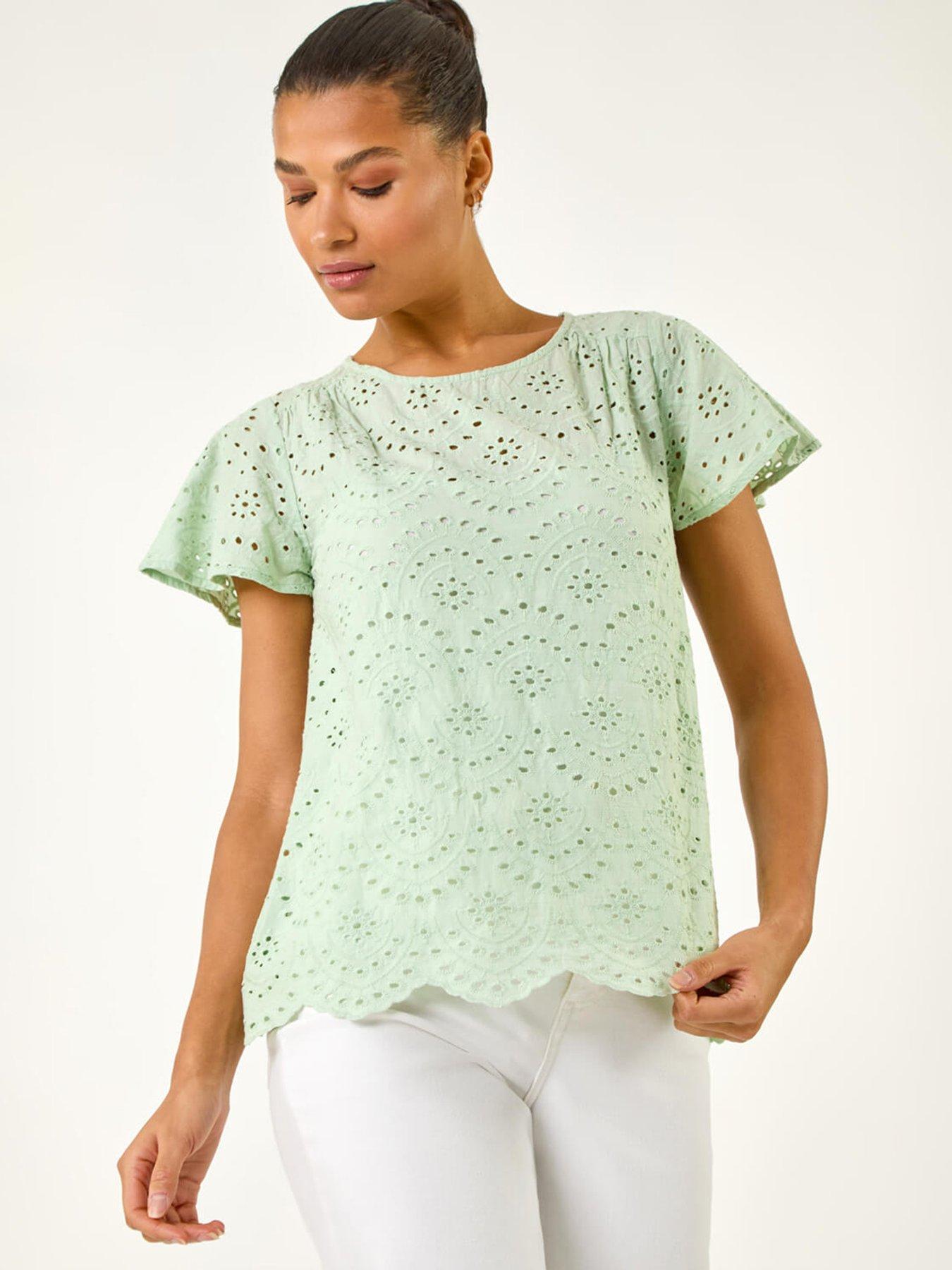  image of roman-broderie-short-sleeve-top-green