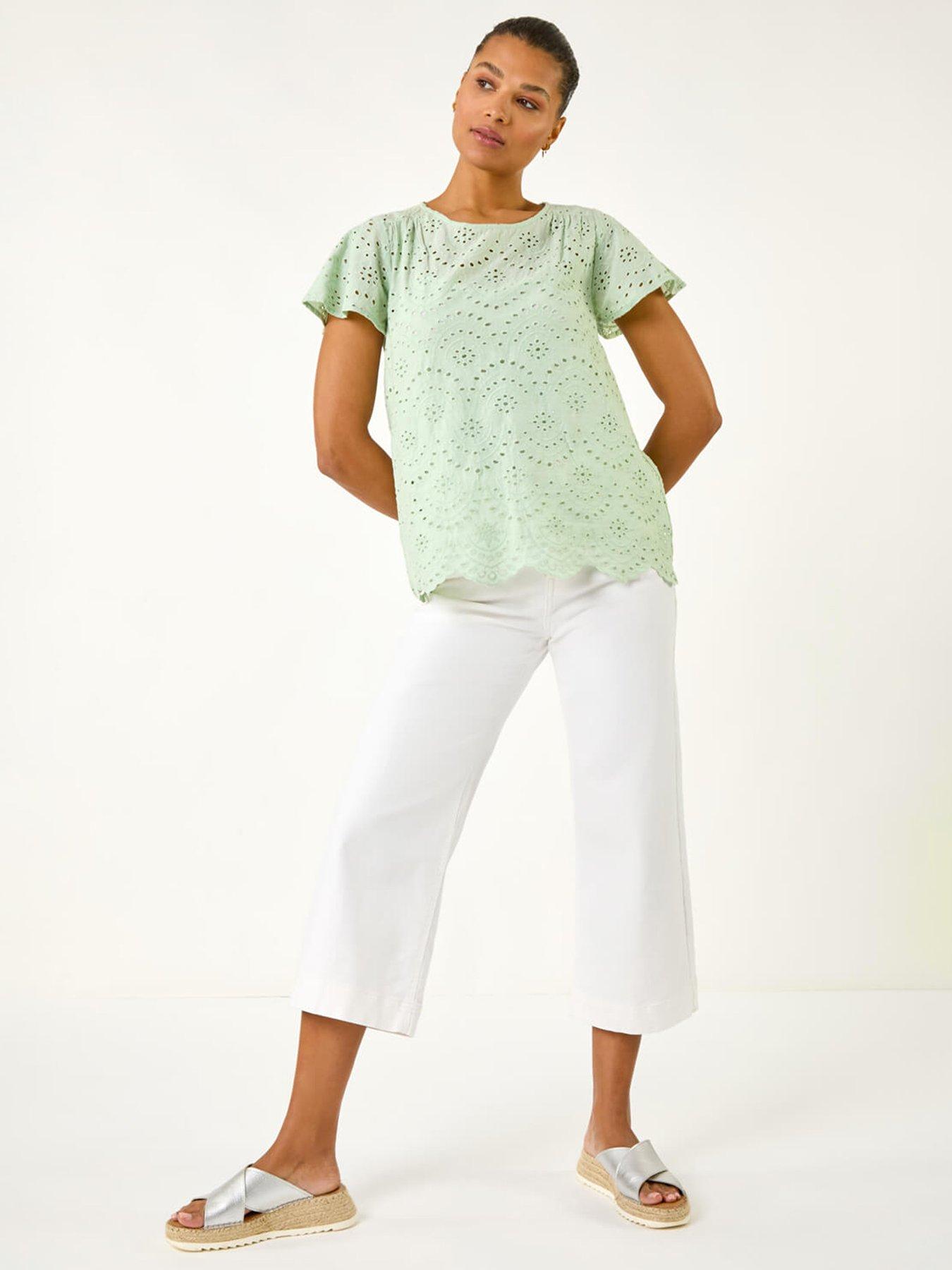  image of roman-broderie-short-sleeve-top-green