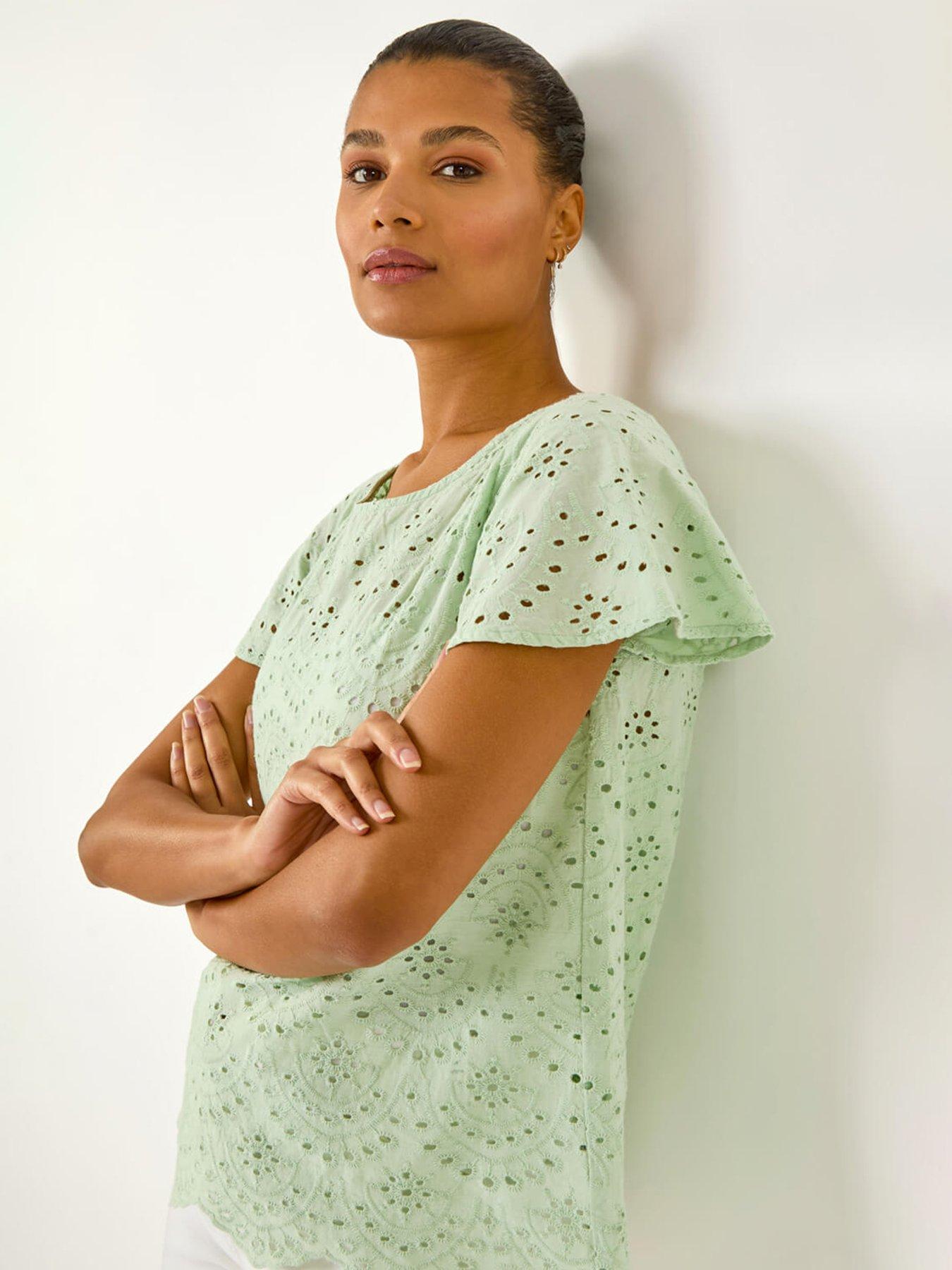  image of roman-broderie-short-sleeve-top-green