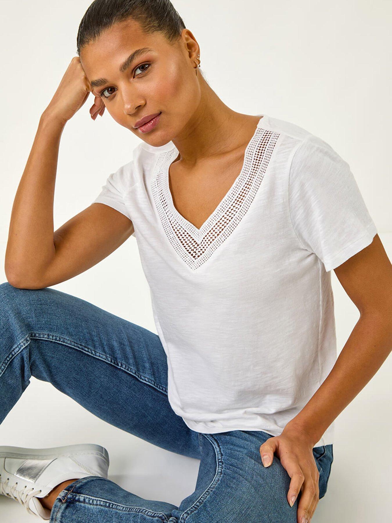  image of roman-sequin-trim-v-neck-stretch-top-ivory