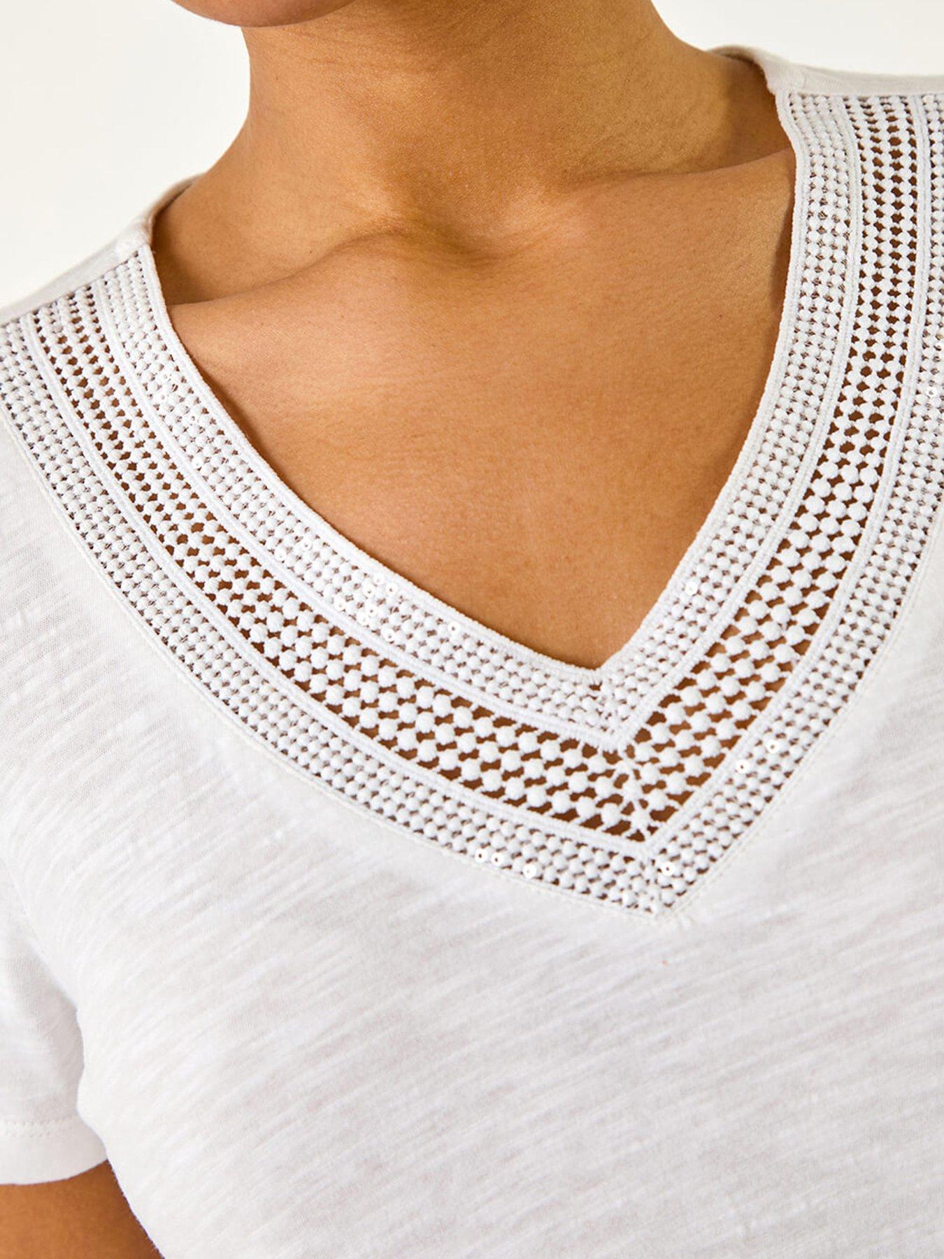  image of roman-sequin-trim-v-neck-stretch-top-ivory