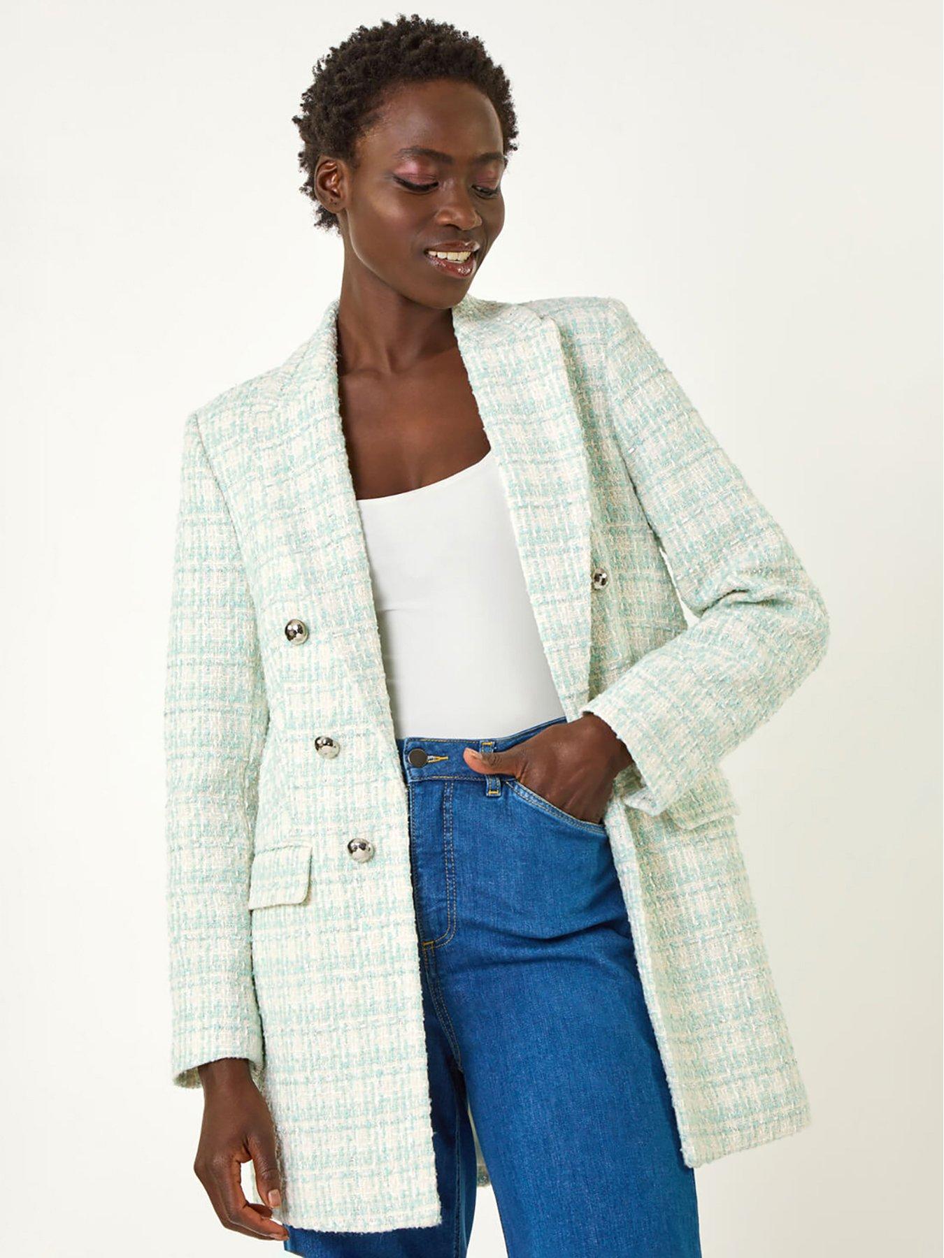 Image 1 of 5 of Roman Longline Checkered Boucle Jacket - Aqua