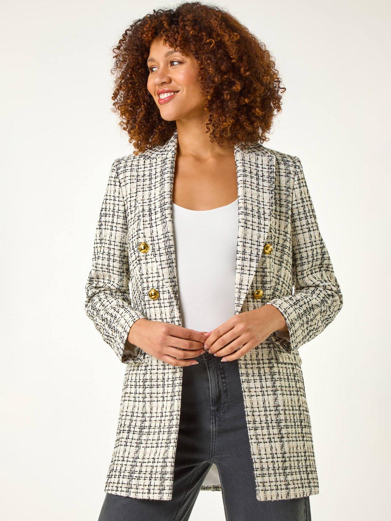 undefined Longline Checkered Boucle Jacket - Black