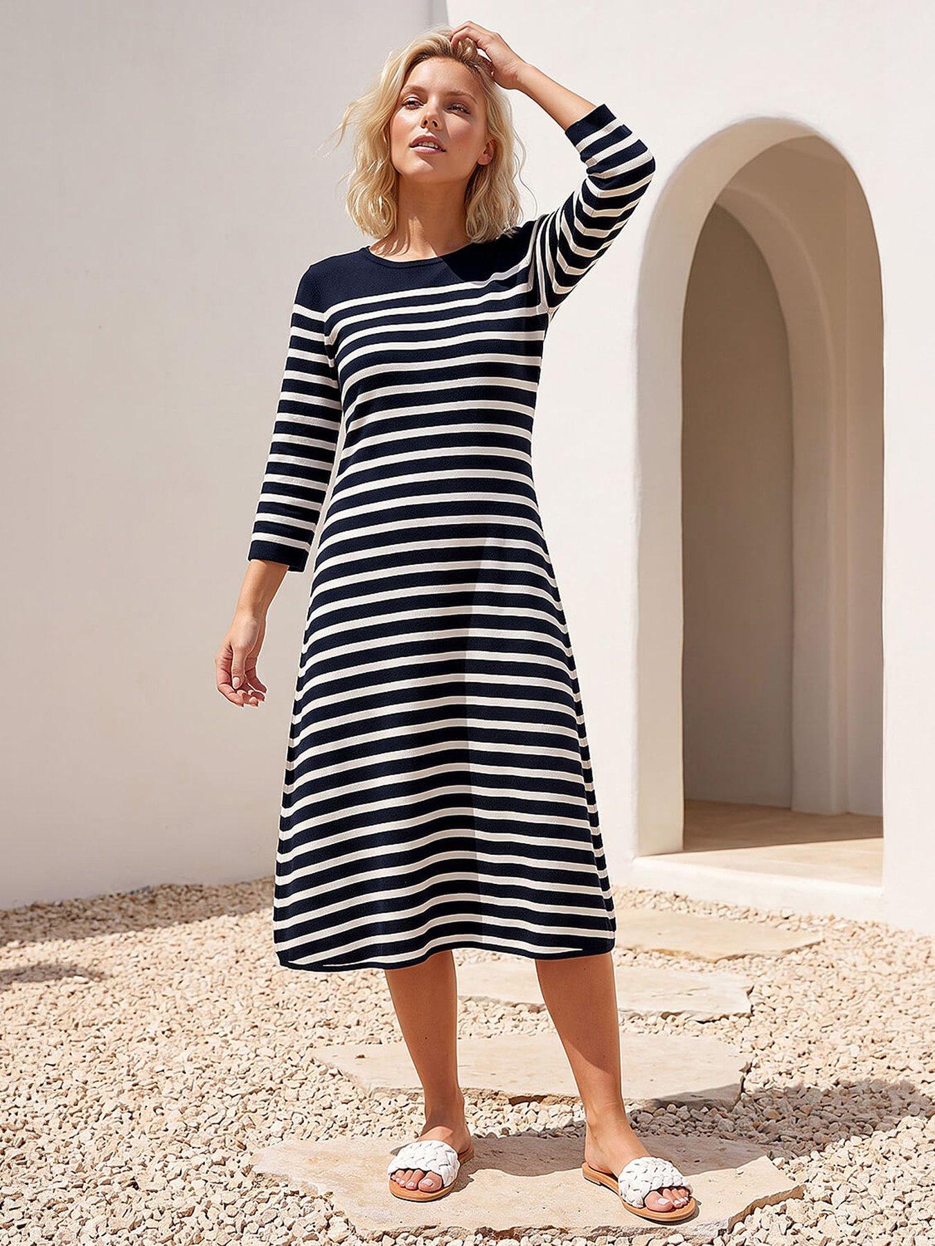 Roman Petite Stripe Knitted Midi Dress - Navy