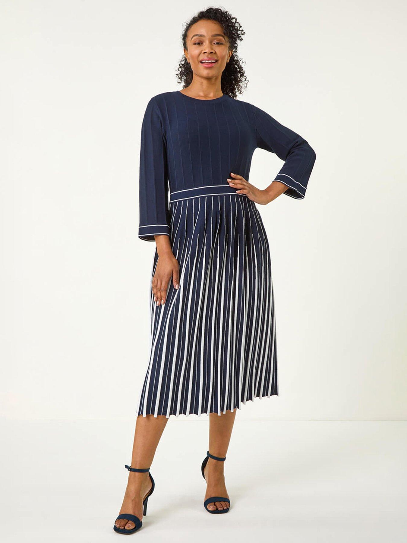 Image 1 of 5 of Roman Petite Contrast Pleat Midi Dress - Navy