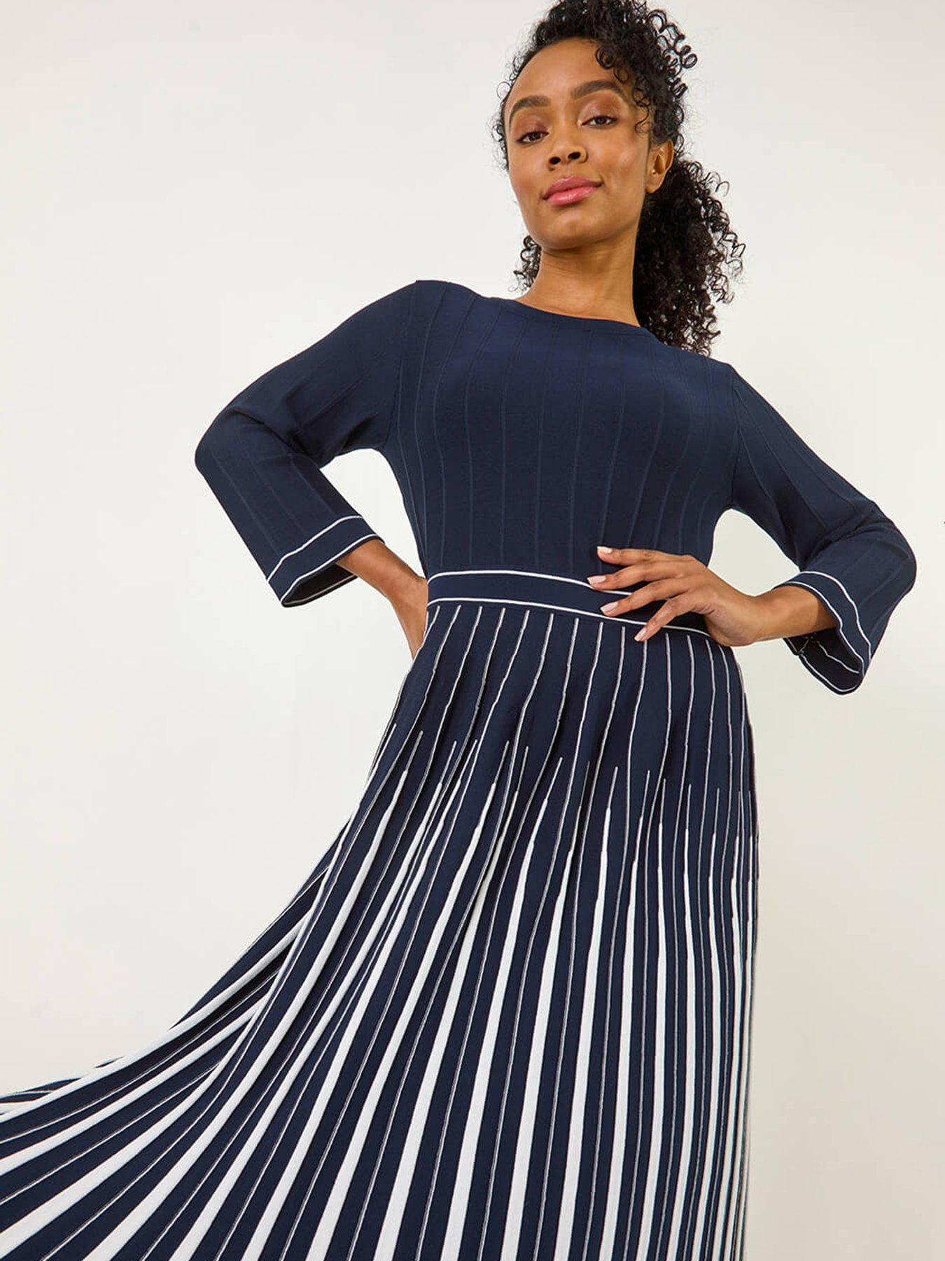 Image 3 of 5 of Roman Petite Contrast Pleat Midi Dress - Navy