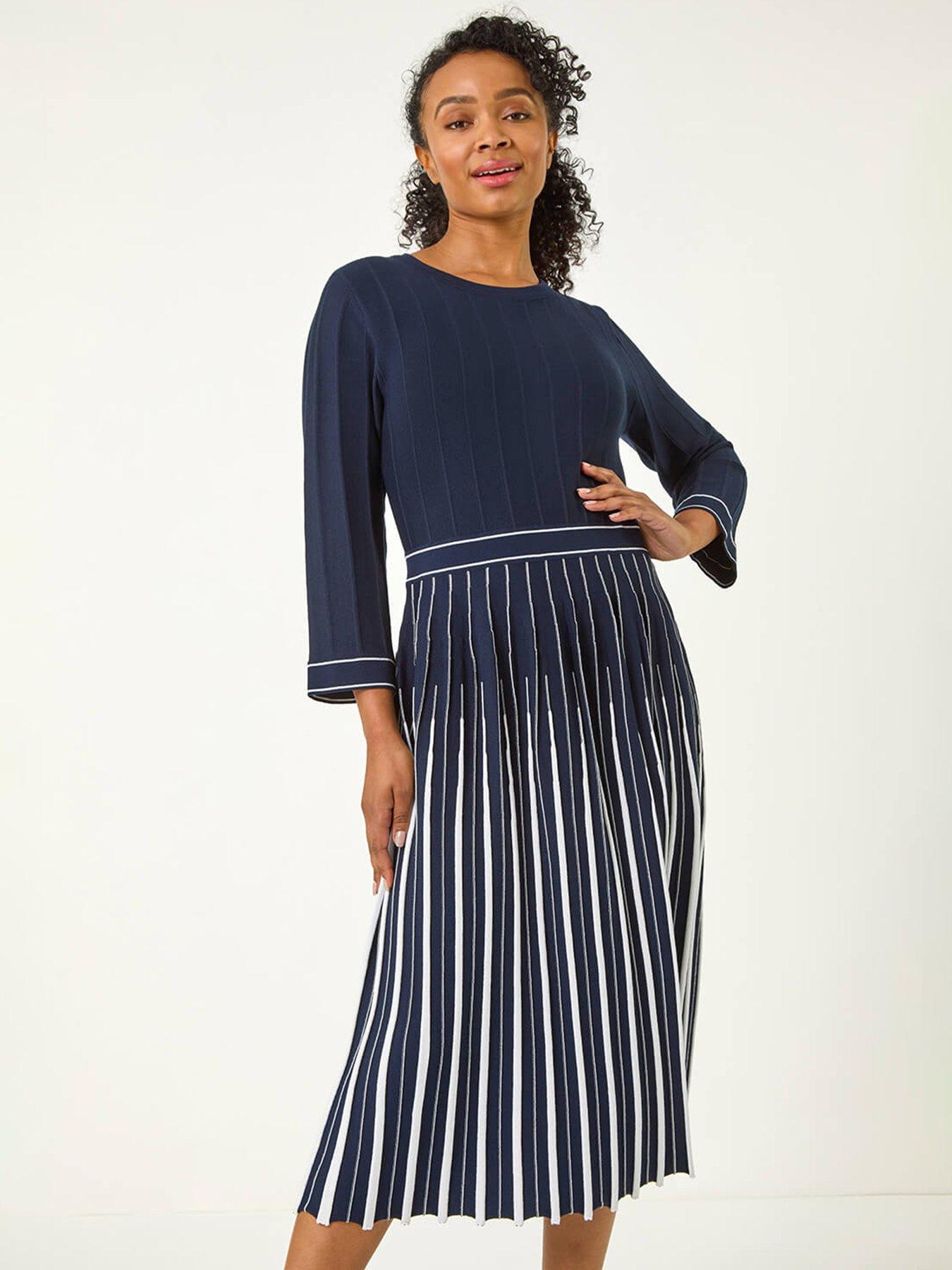 Image 4 of 5 of Roman Petite Contrast Pleat Midi Dress - Navy