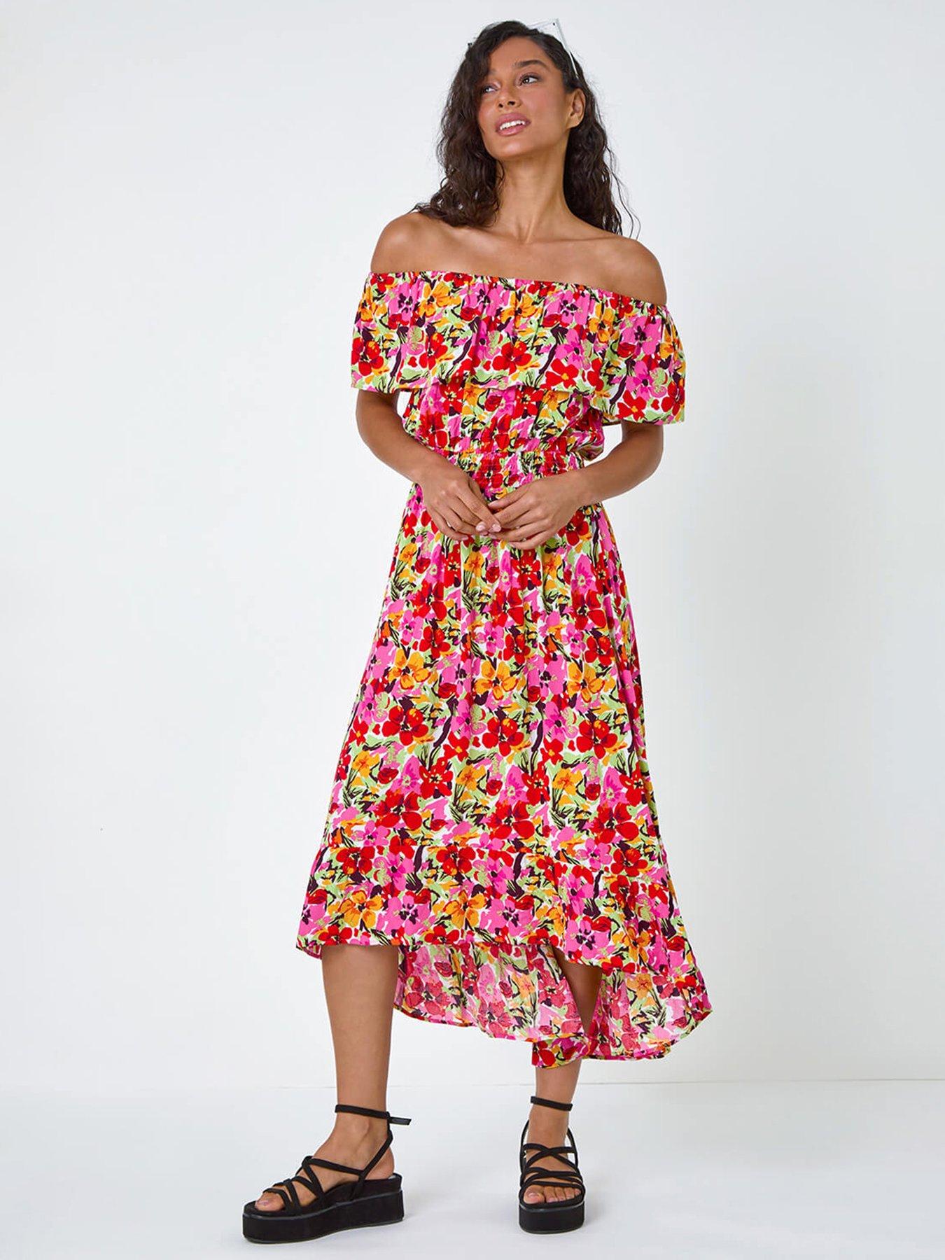 undefined Floral Print Shirred Midi Dress - Pink