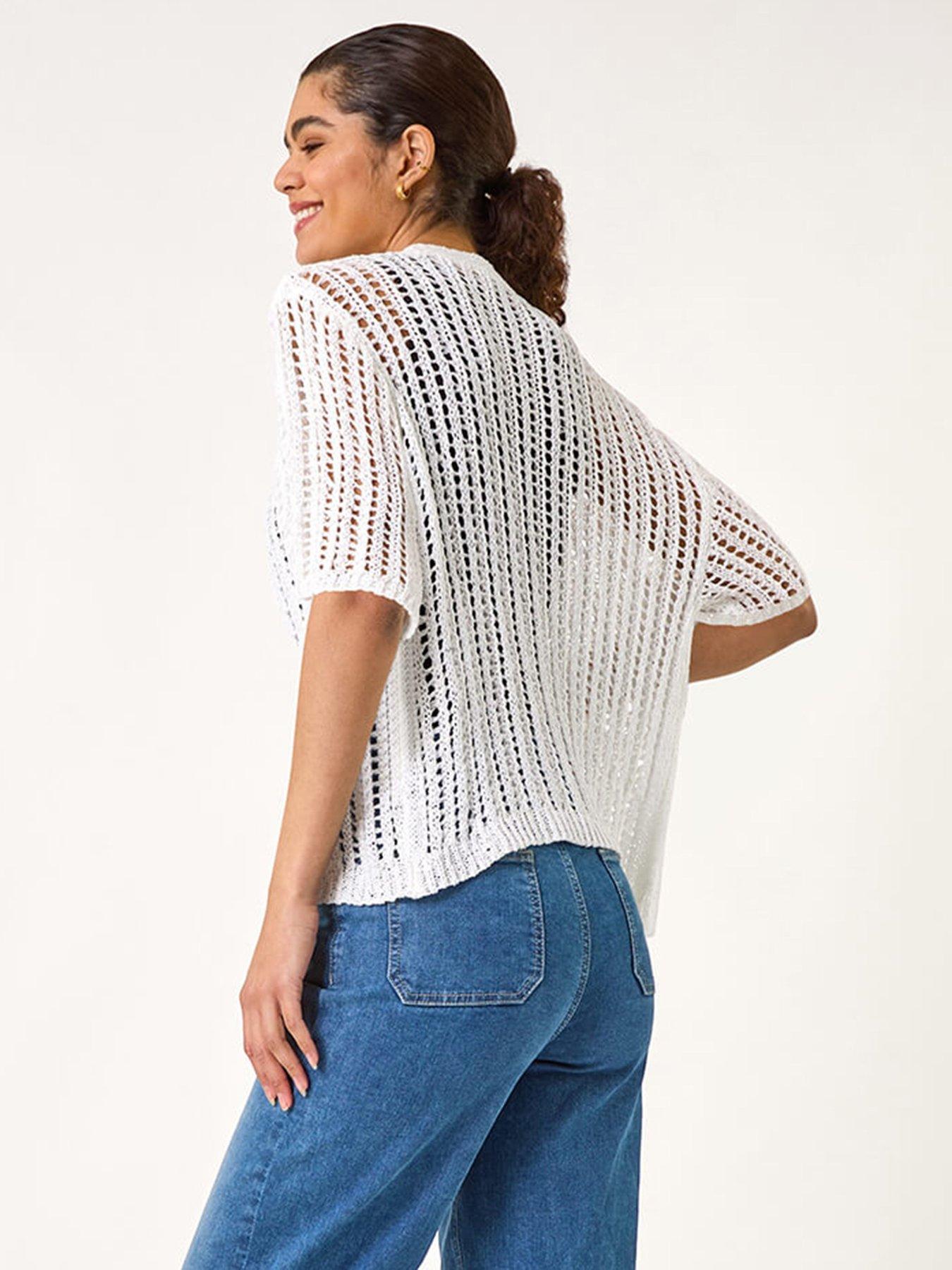 Image 2 of 5 of Roman Stitch Short Sleeve Knit Cardigan - Ivory