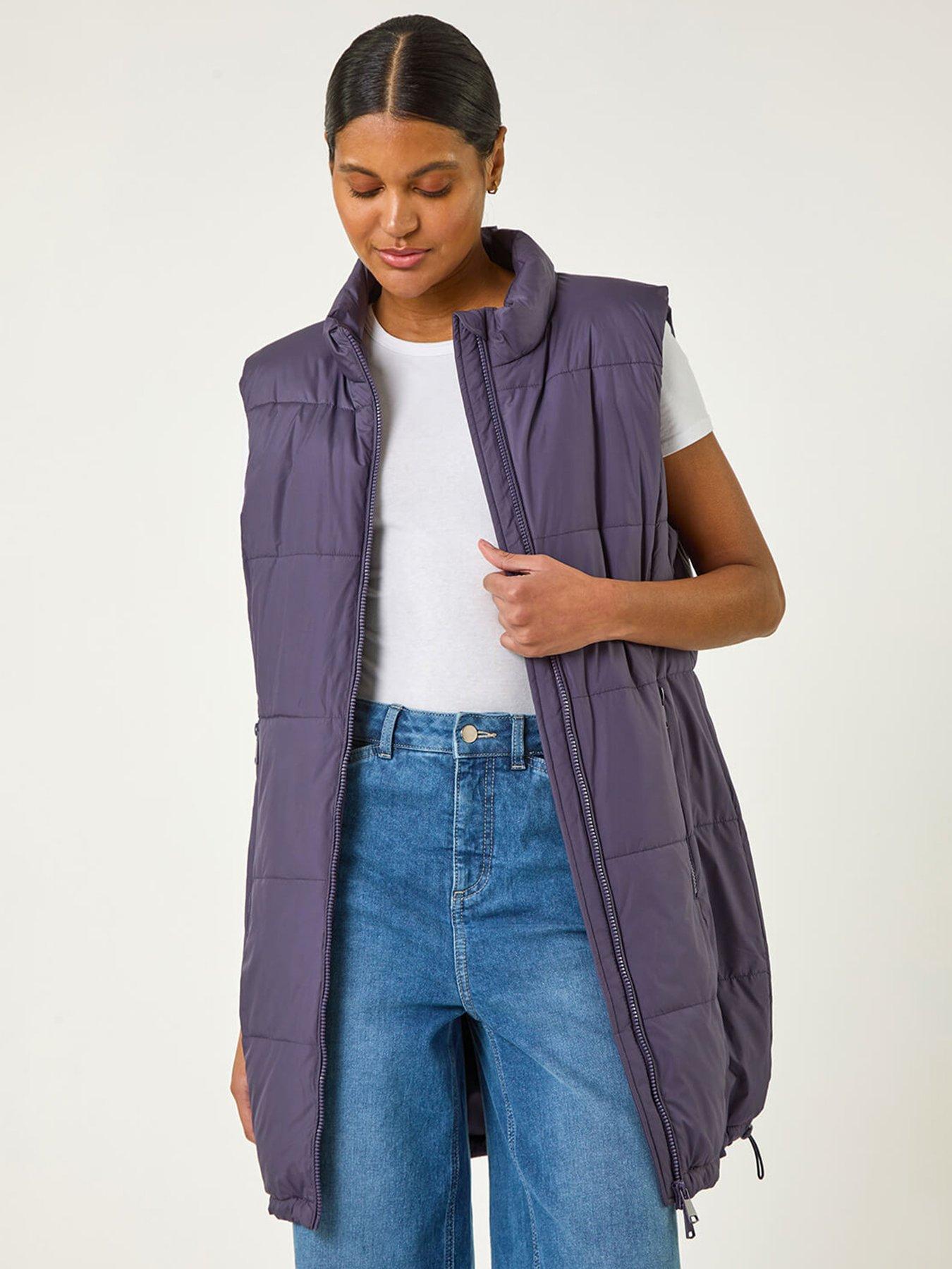 undefined Quilted Zip Detail Longline Gilet - Plum