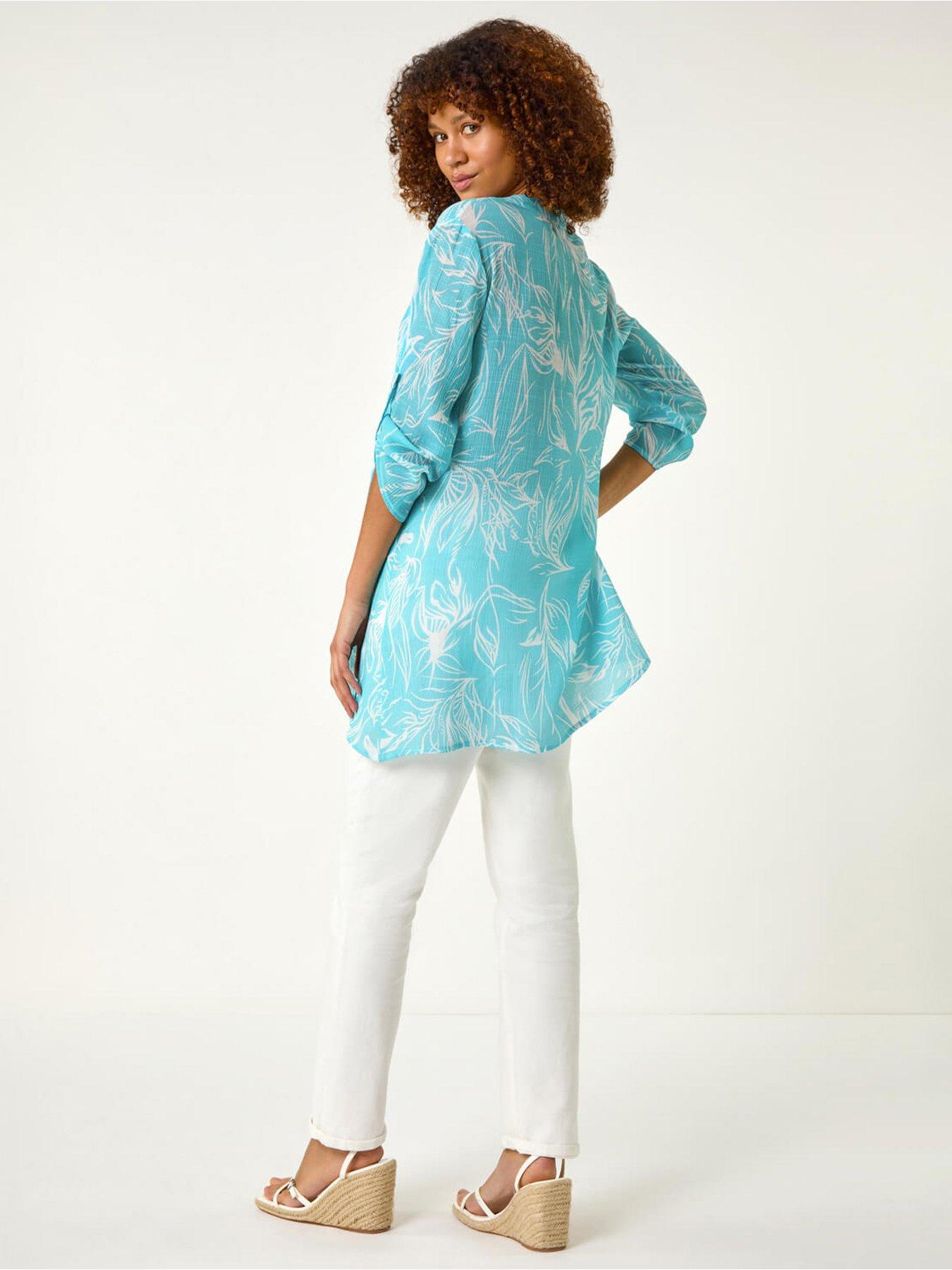 image of roman-linear-print-wrap-tunic-turquoise