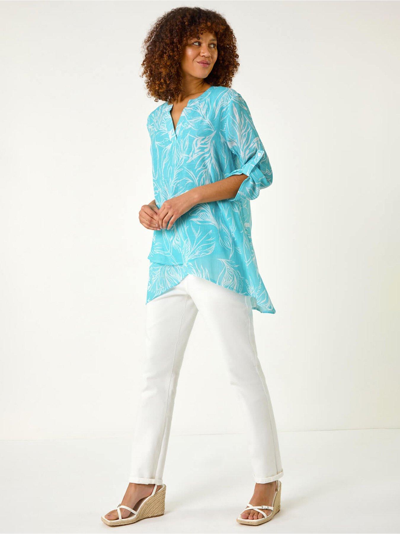  image of roman-linear-print-wrap-tunic-turquoise