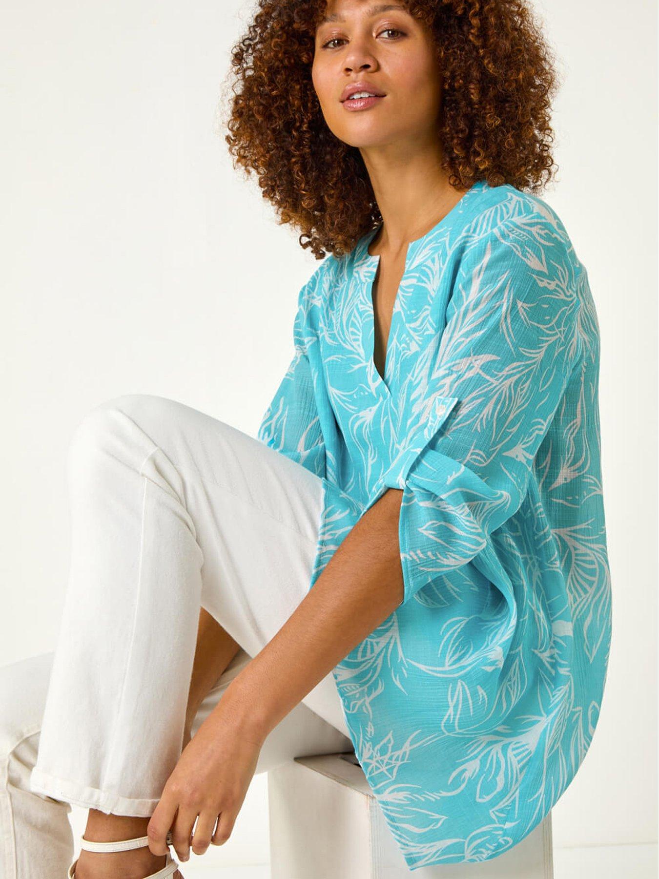  image of roman-linear-print-wrap-tunic-turquoise