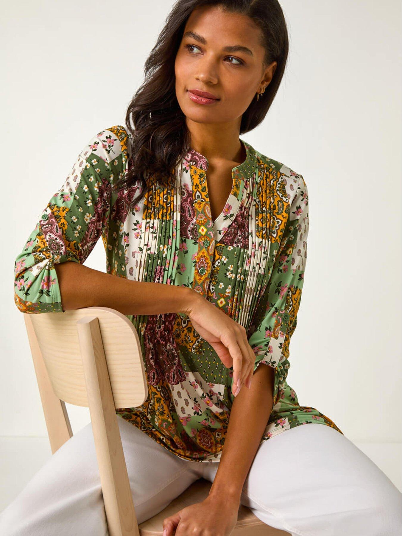 undefined Contrast Print Pintuck Shirt - Green