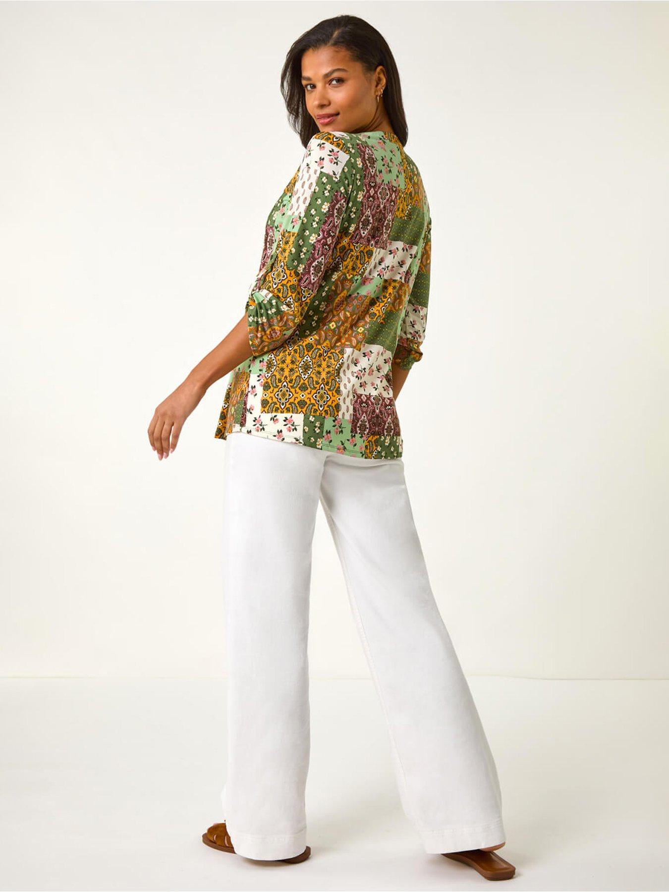 Image 2 of 5 of Roman Contrast Print Pintuck Shirt - Green
