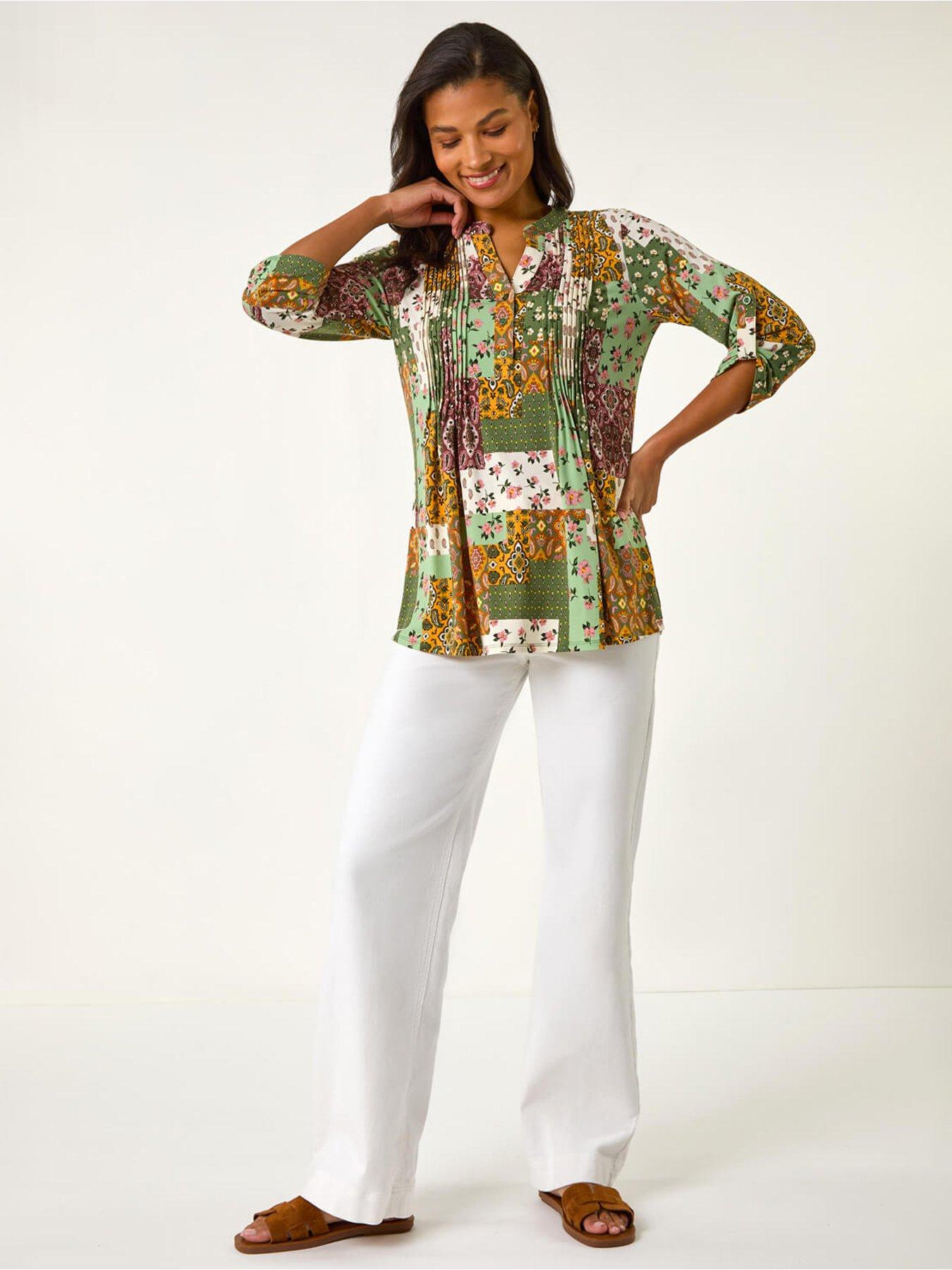 Image 3 of 5 of Roman Contrast Print Pintuck Shirt - Green
