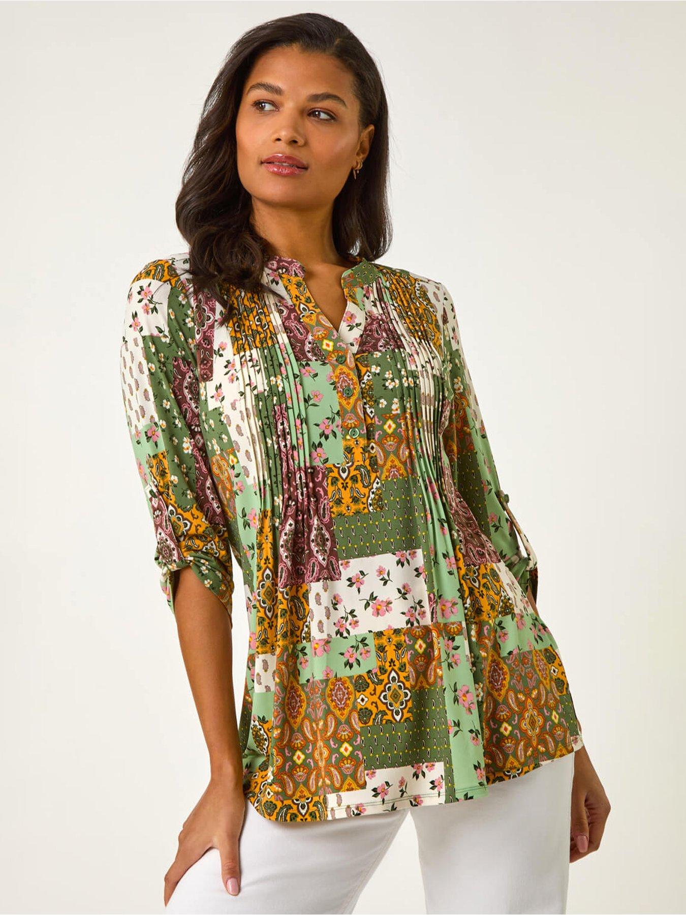 Image 4 of 5 of Roman Contrast Print Pintuck Shirt - Green