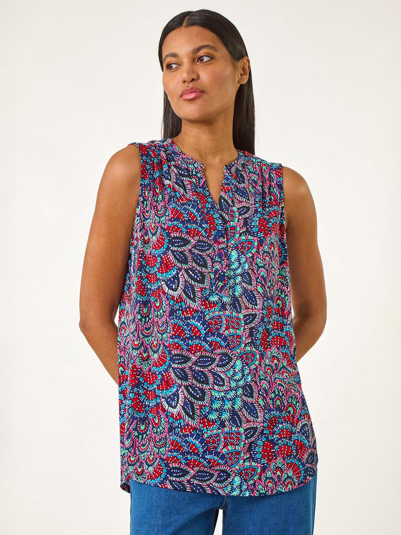  image of roman-abstract-print-stretch-vest-top-blue