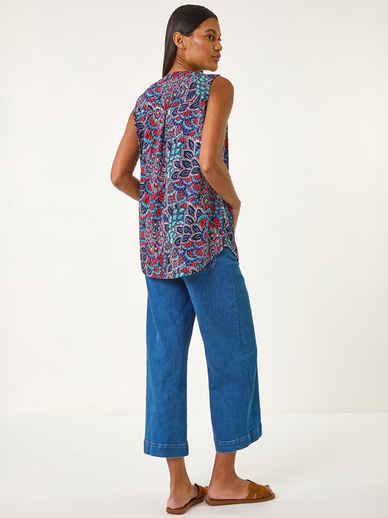  image of roman-abstract-print-stretch-vest-top-blue