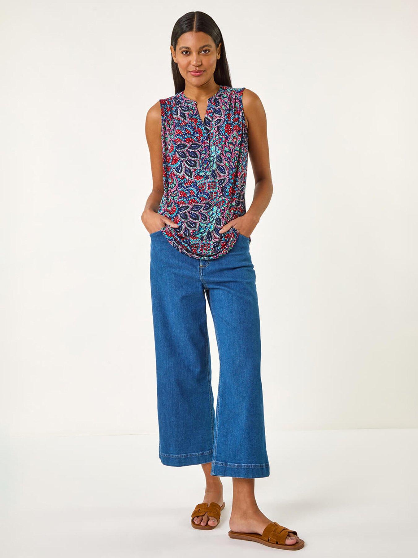  image of roman-abstract-print-stretch-vest-top-blue