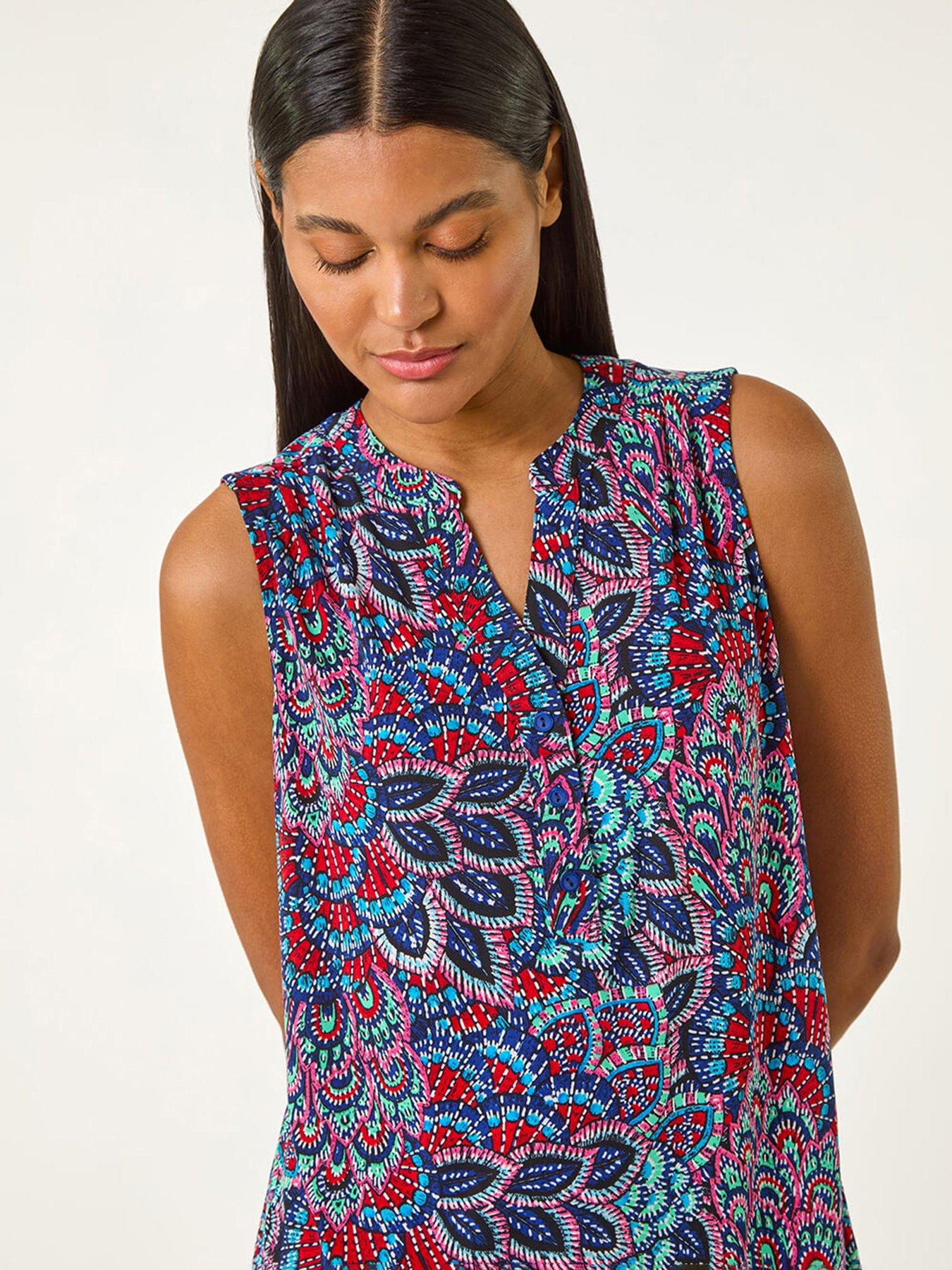  image of roman-abstract-print-stretch-vest-top-blue