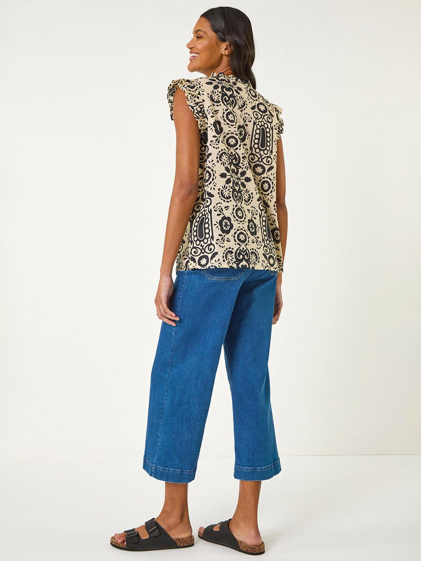 Image 2 of 5 of Roman Mono Printed Frill Sleeve Top - Black