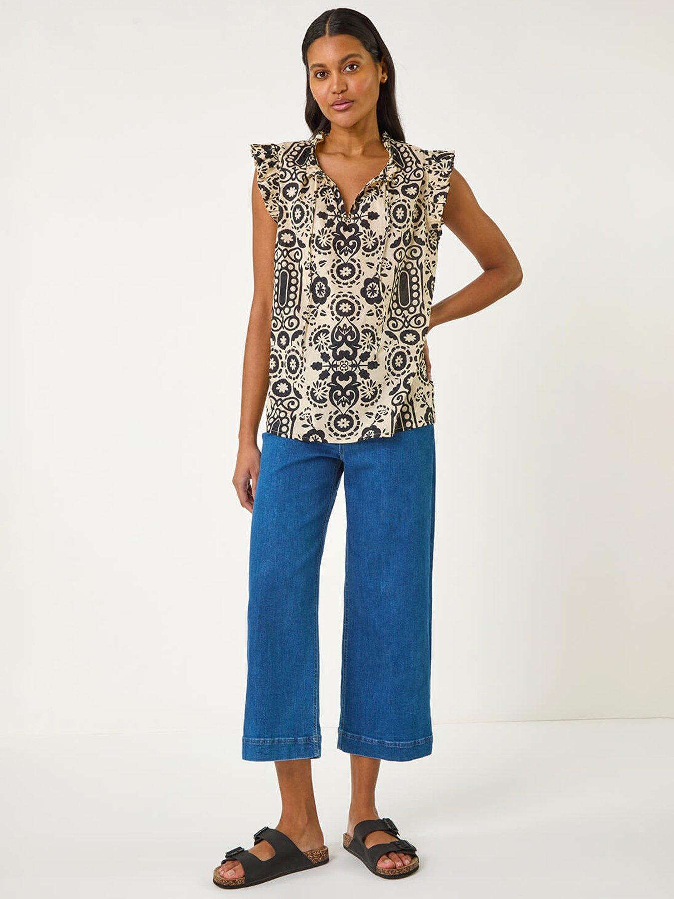 Image 3 of 5 of Roman Mono Printed Frill Sleeve Top - Black