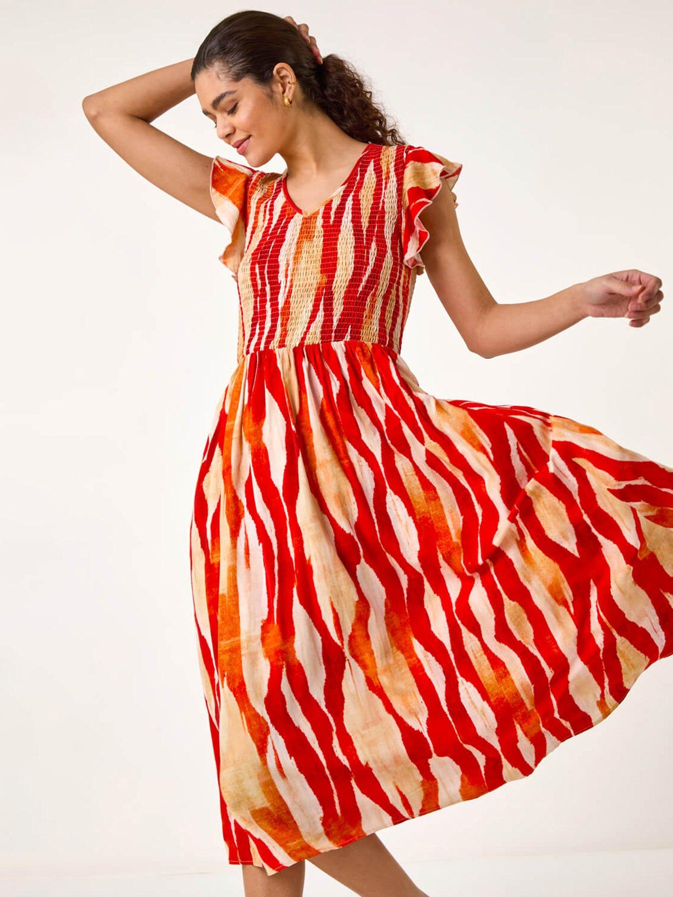 Image 1 of 5 of Roman Wave Print Shirred Midi Dress - Red