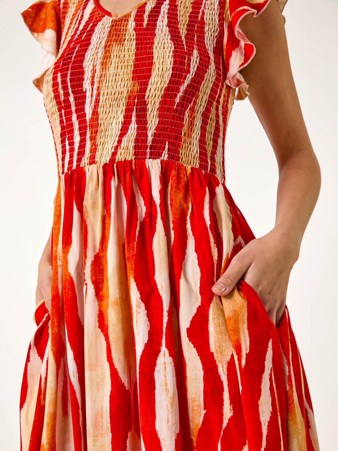 Image 5 of 5 of Roman Wave Print Shirred Midi Dress - Red
