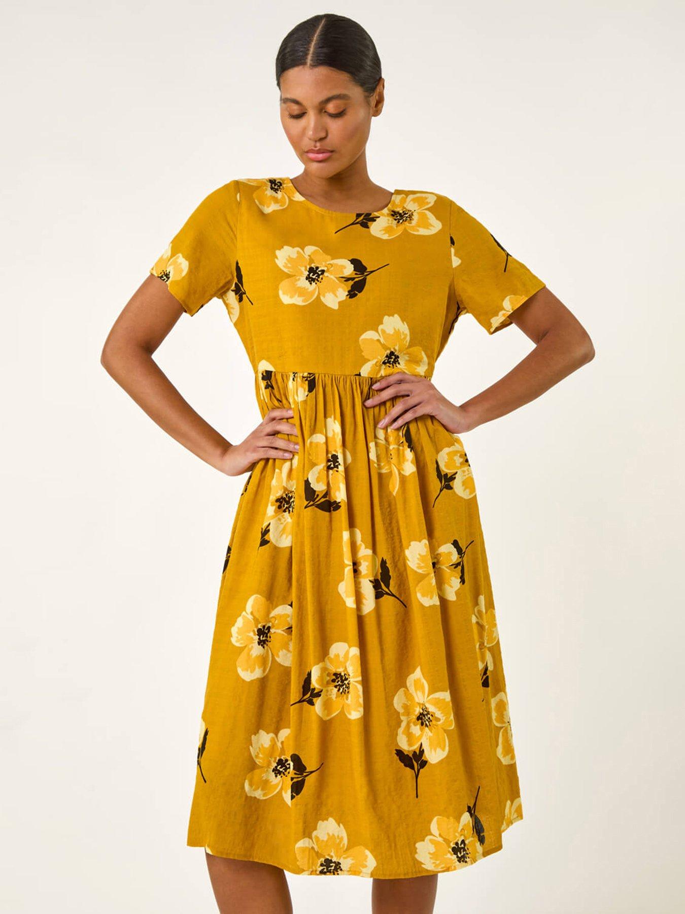  image of roman-floral-print-smock-midi-dress-yellow