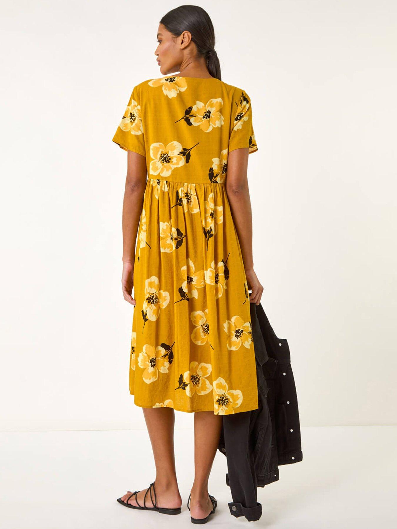  image of roman-floral-print-smock-midi-dress-yellow