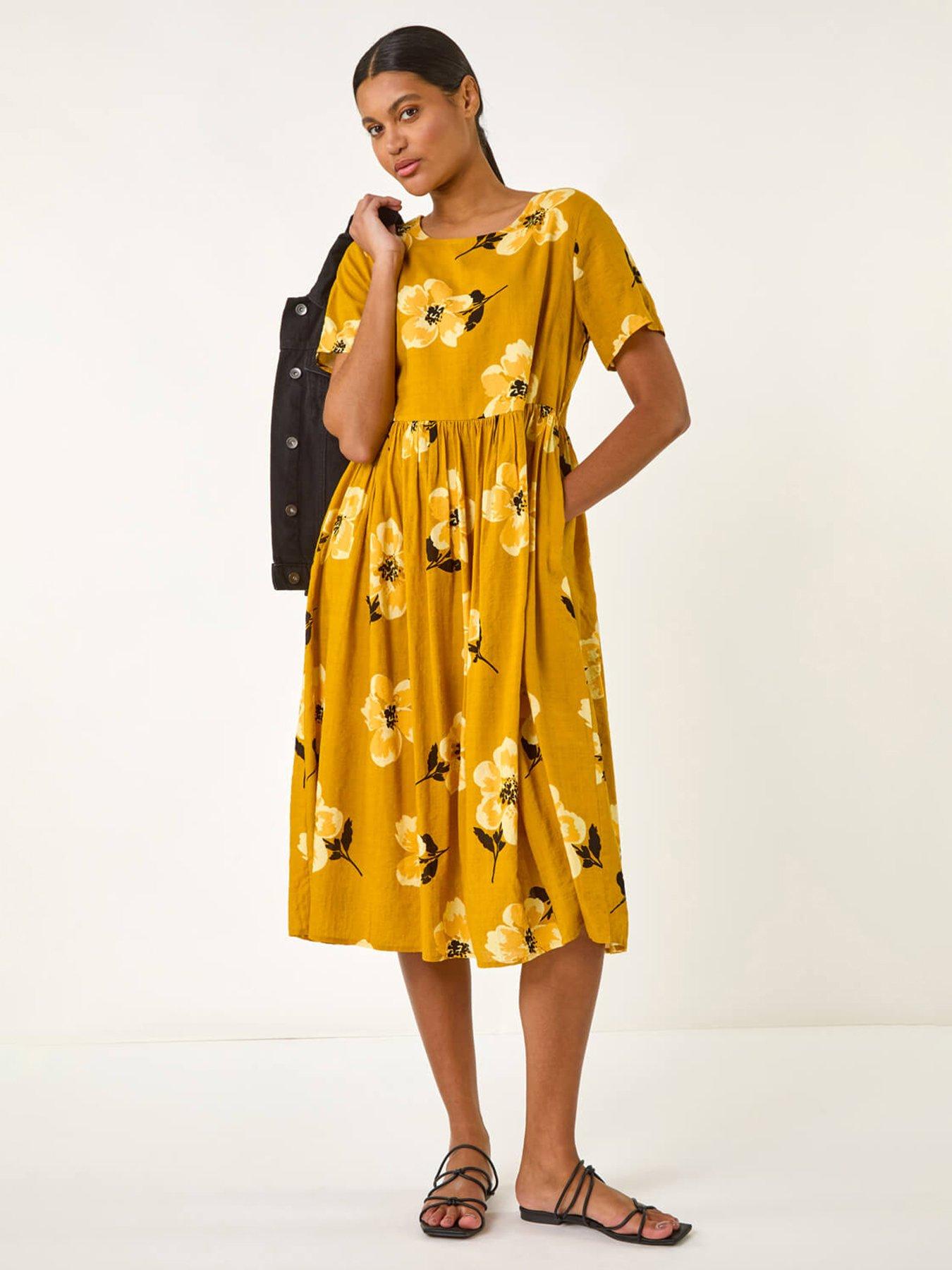  image of roman-floral-print-smock-midi-dress-yellow