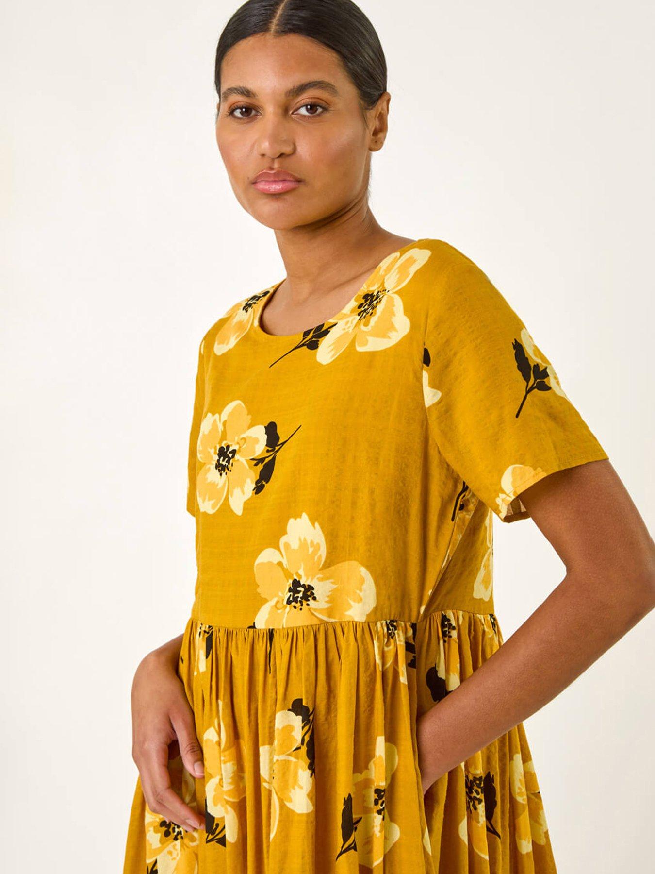  image of roman-floral-print-smock-midi-dress-yellow