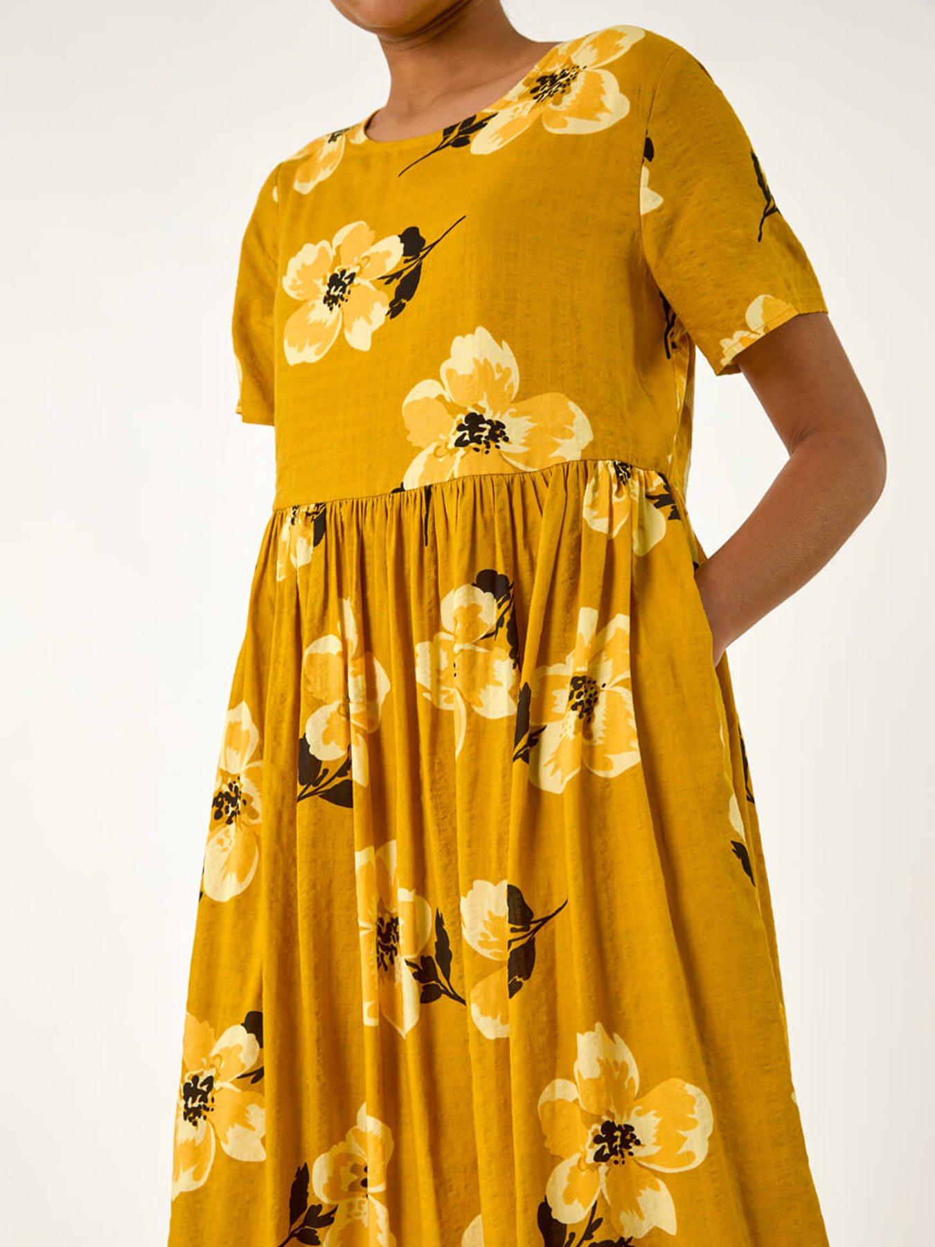  image of roman-floral-print-smock-midi-dress-yellow