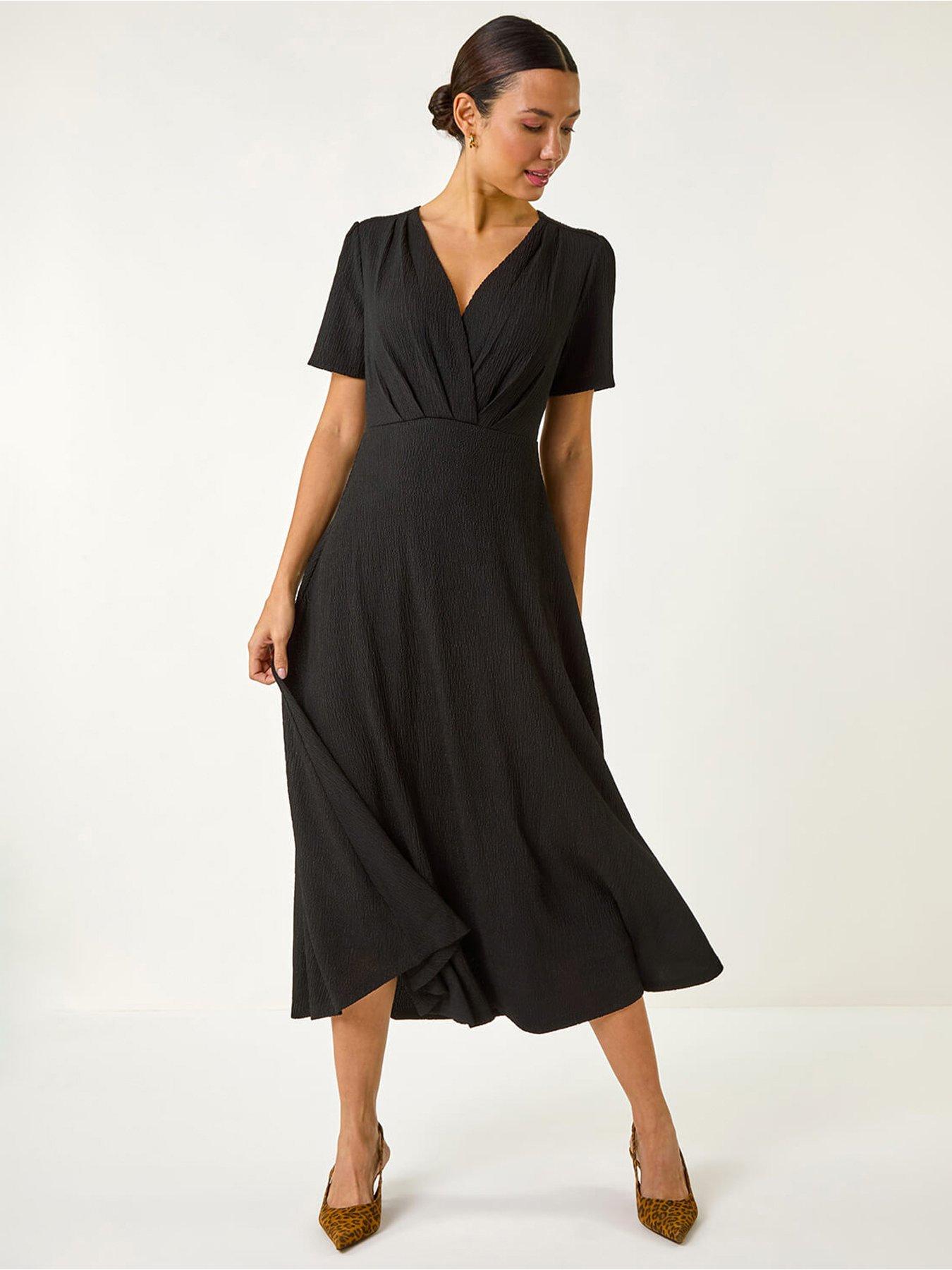 undefined Textured Wrap Bodice Midi Dress - Black
