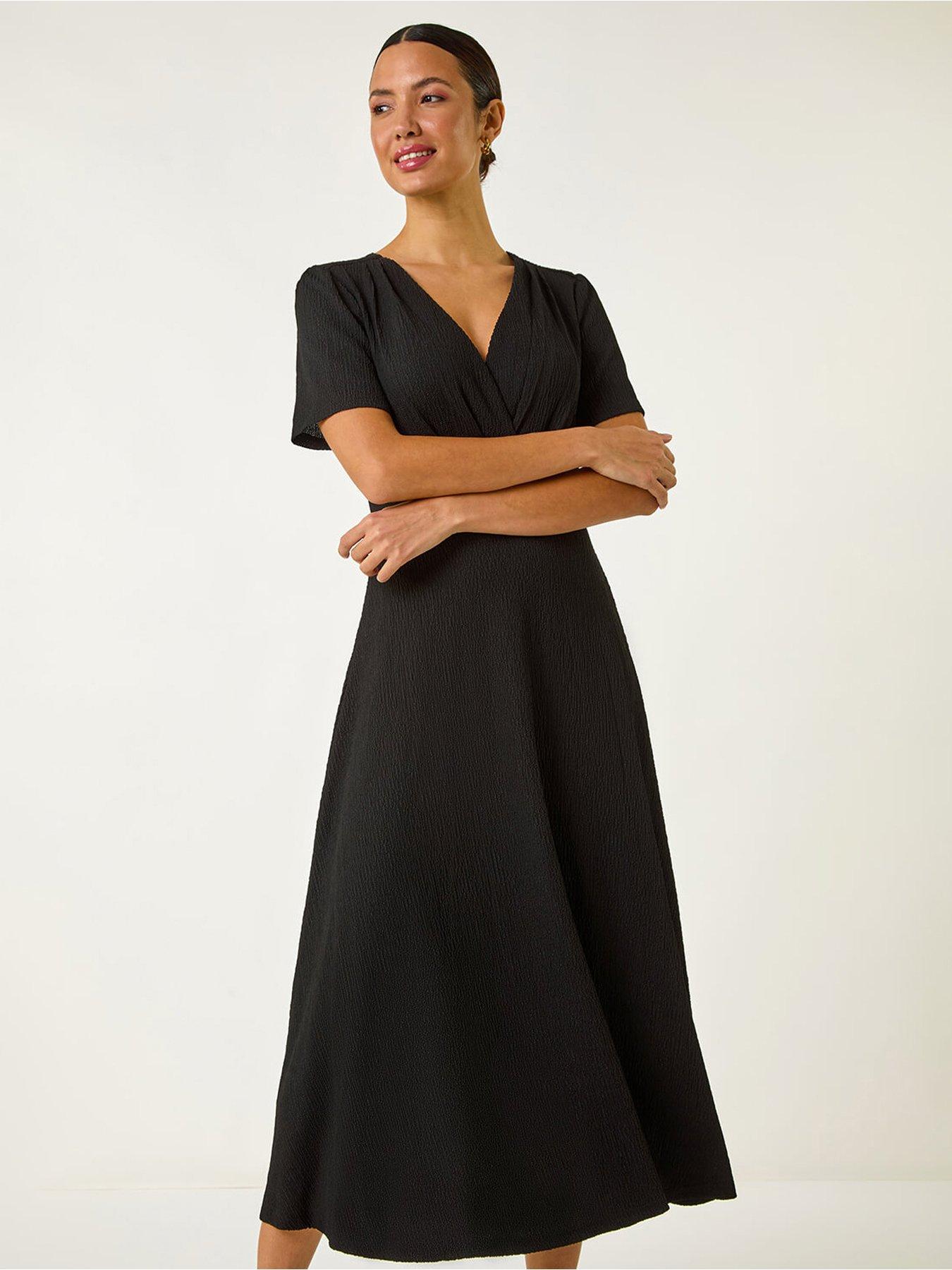  image of roman-textured-wrap-bodice-midi-dress-black