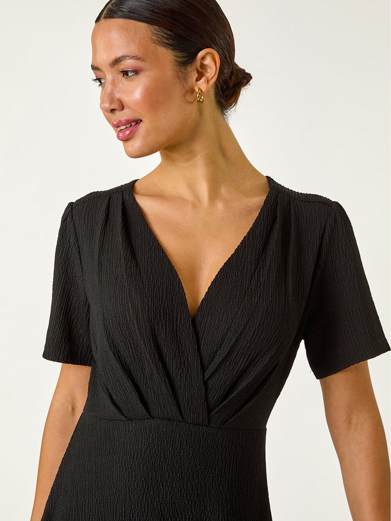 image of roman-textured-wrap-bodice-midi-dress-black