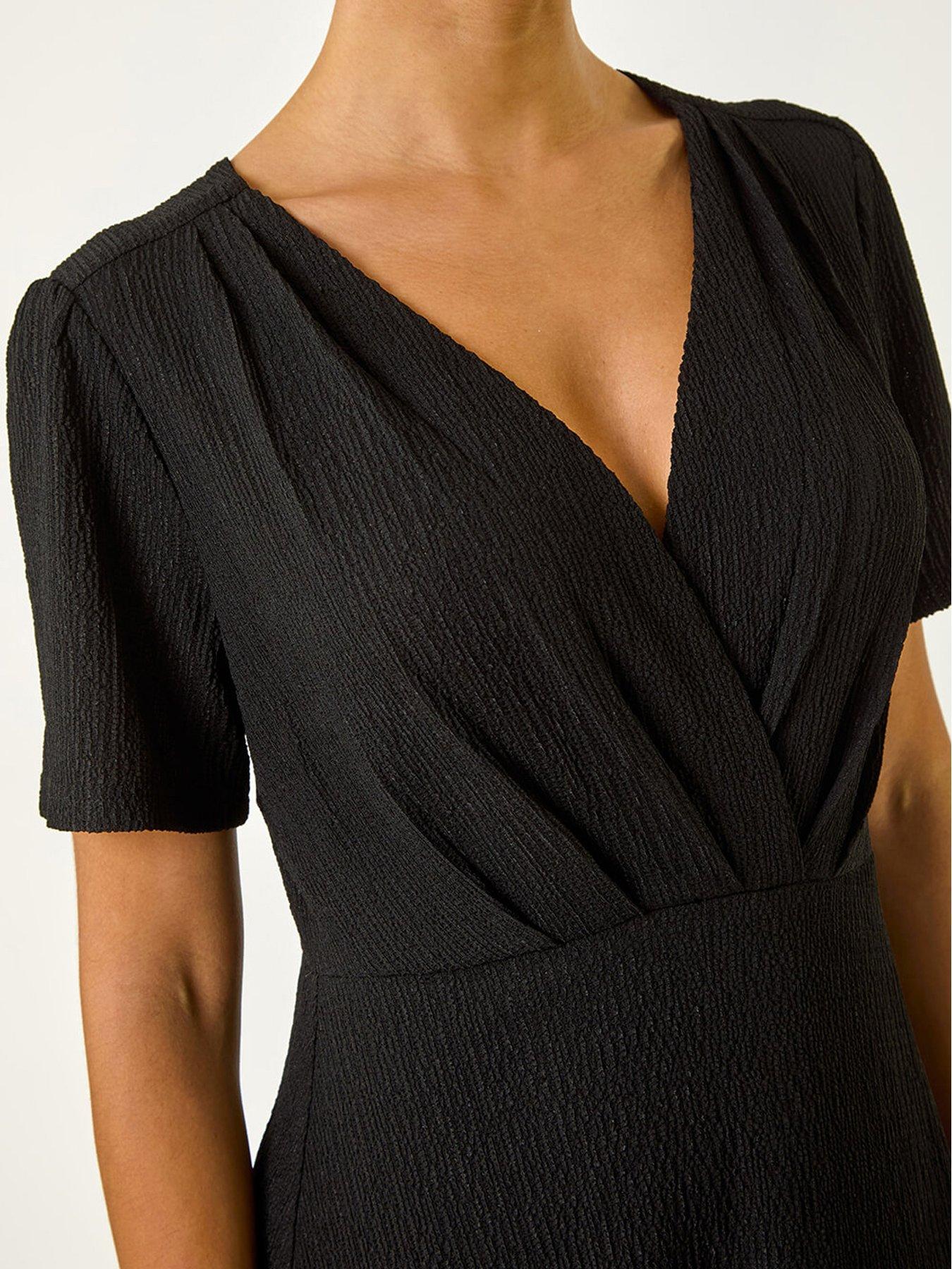  image of roman-textured-wrap-bodice-midi-dress-black