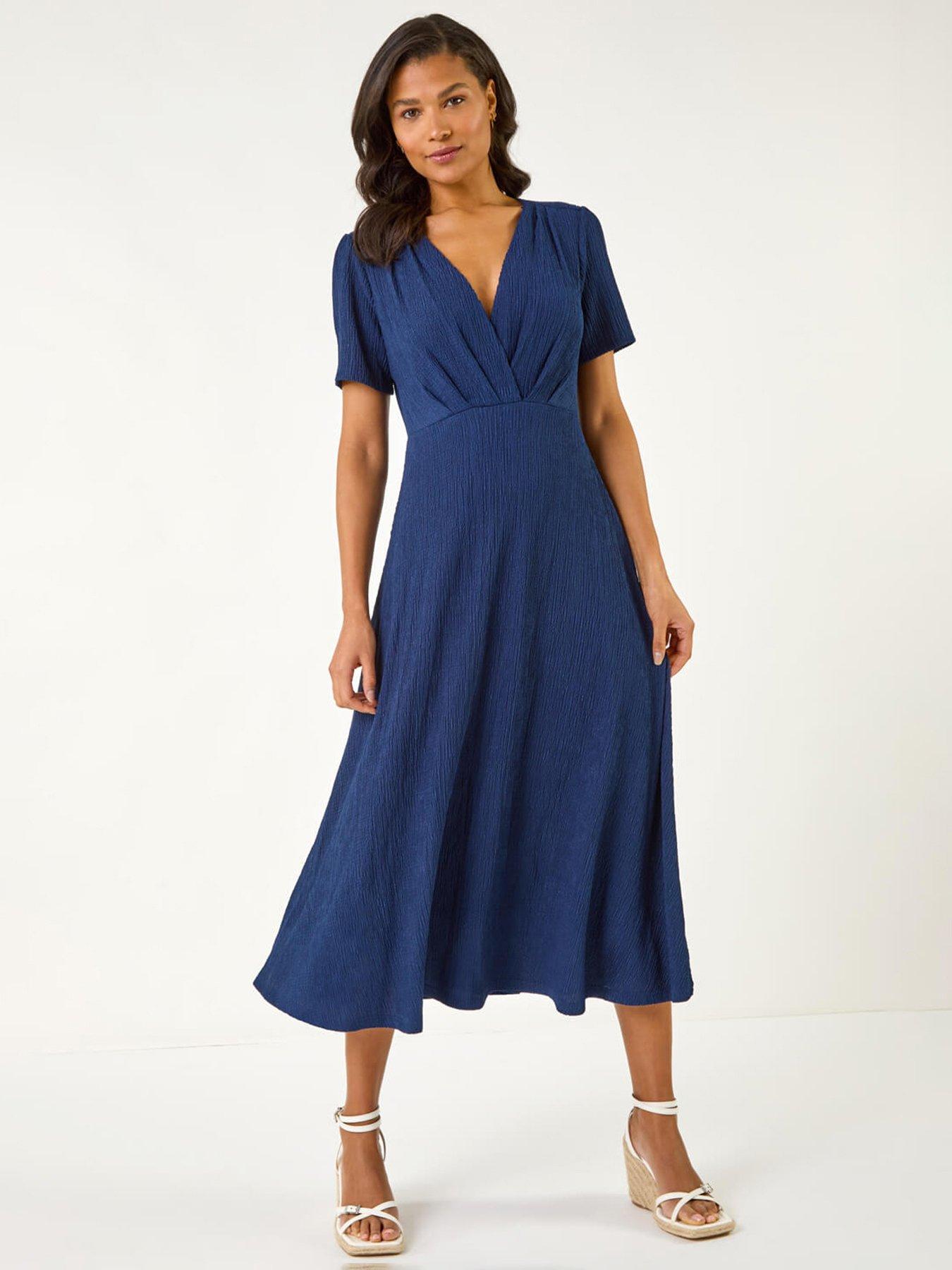 Roman Textured Wrap Bodice Midi Dress - Navy