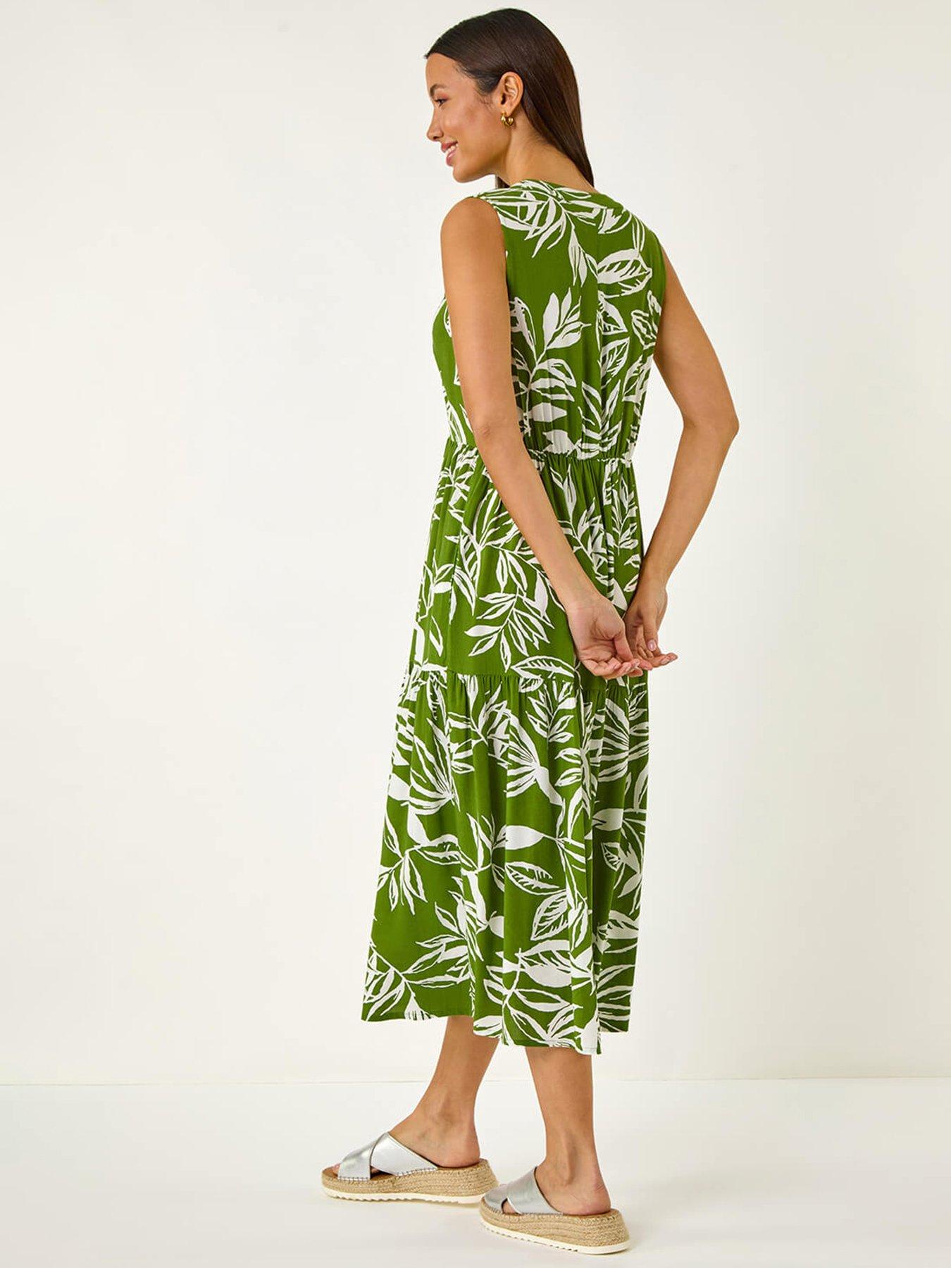  image of roman-leaf-print-tie-midi-dress-green