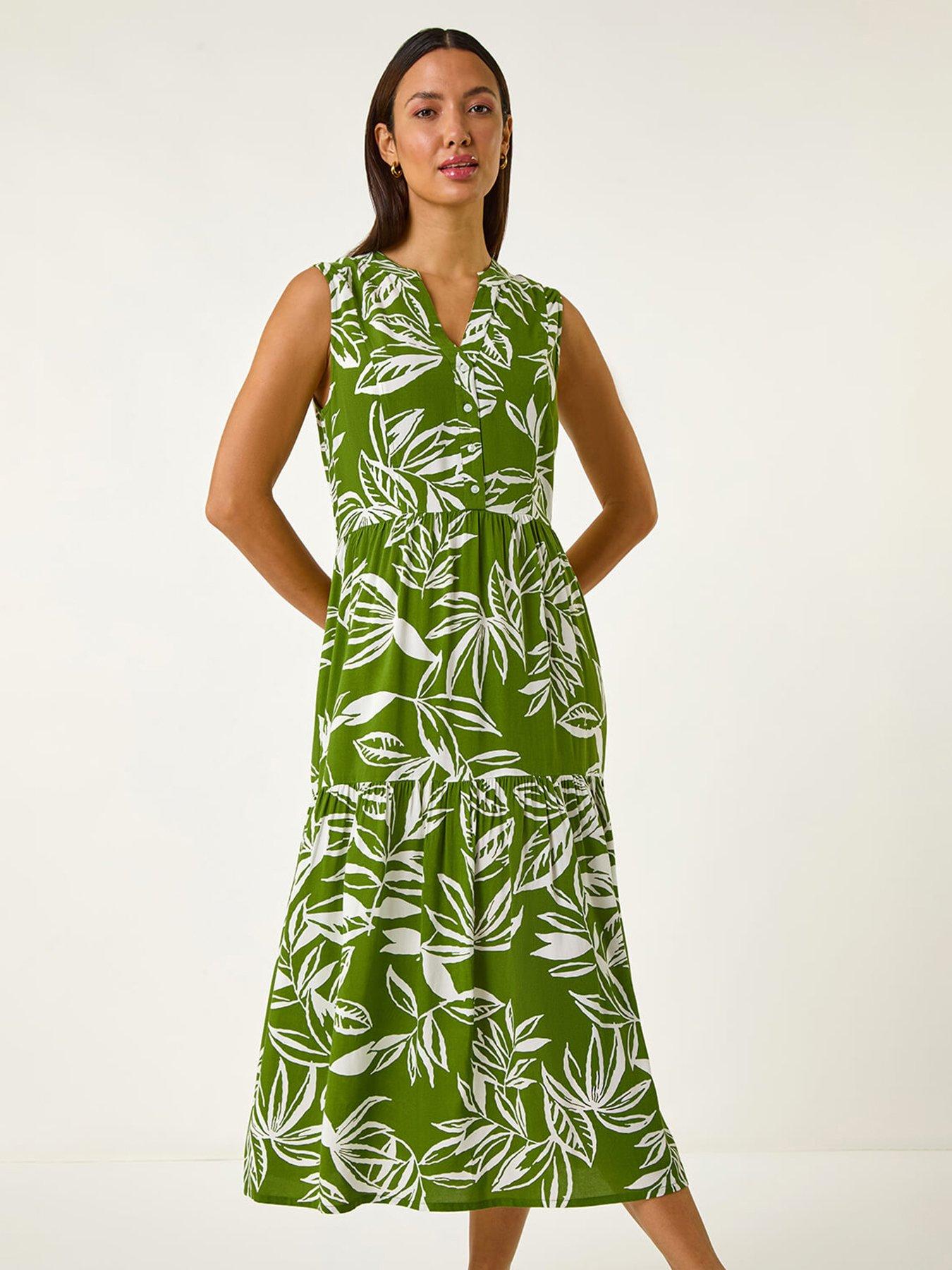  image of roman-leaf-print-tie-midi-dress-green