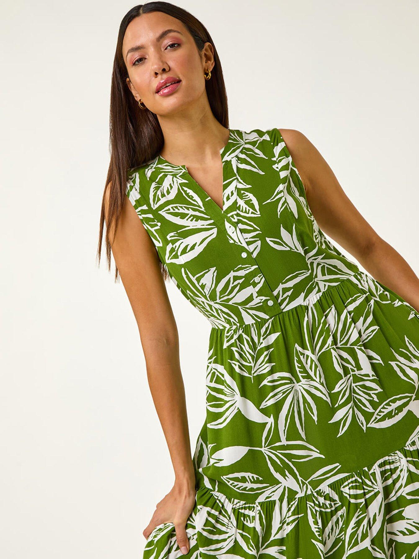  image of roman-leaf-print-tie-midi-dress-green
