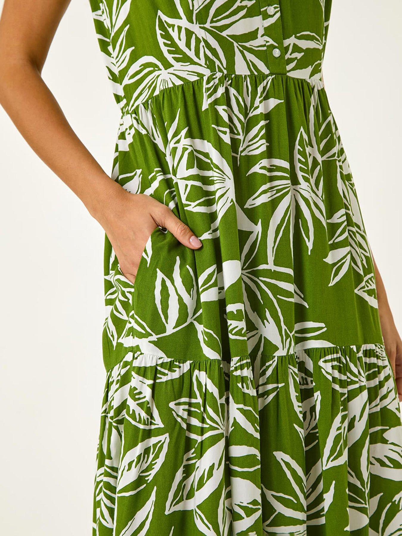  image of roman-leaf-print-tie-midi-dress-green