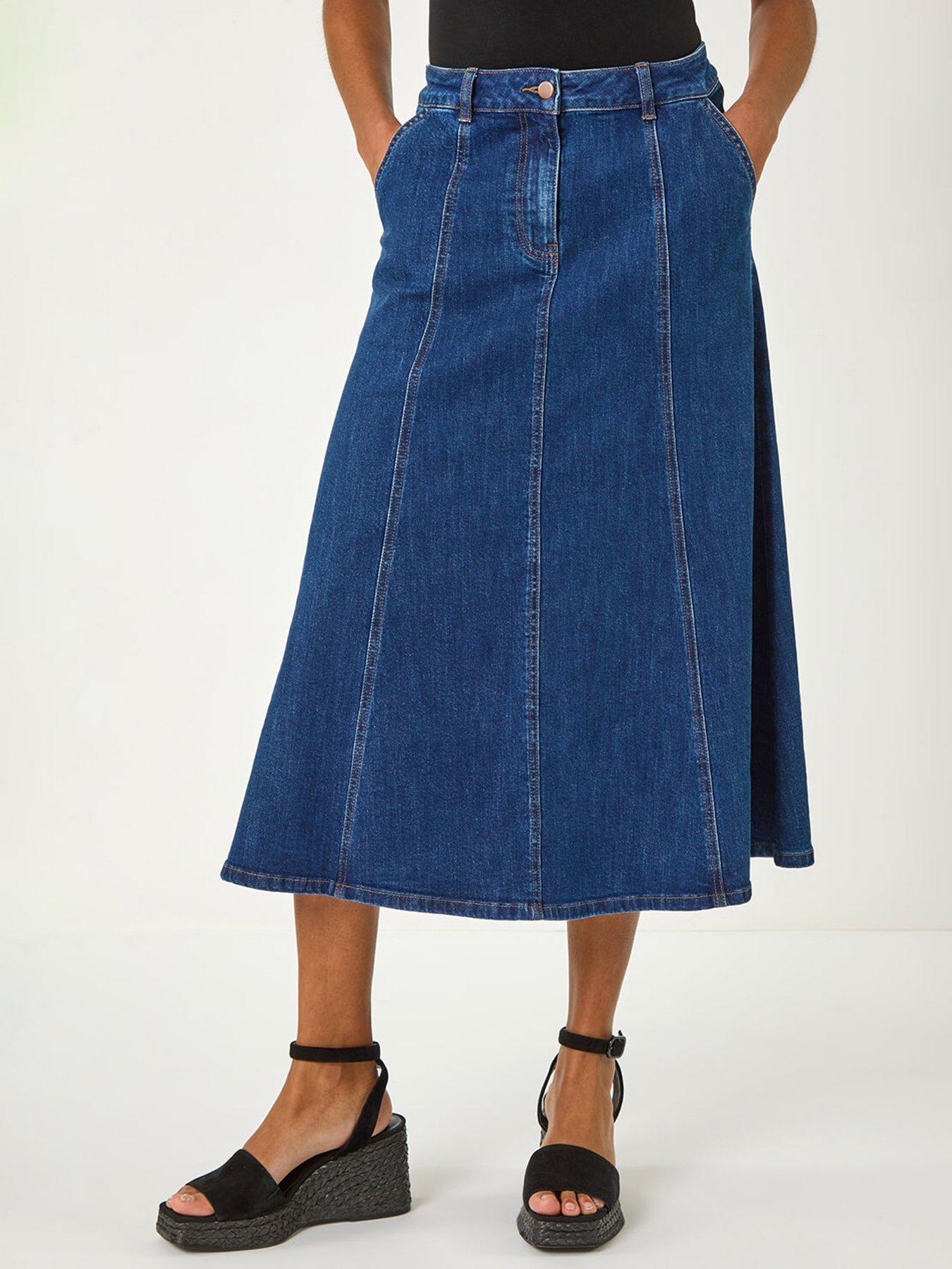 undefined Cotton Denim Panelled Midi Skirt - Indigo