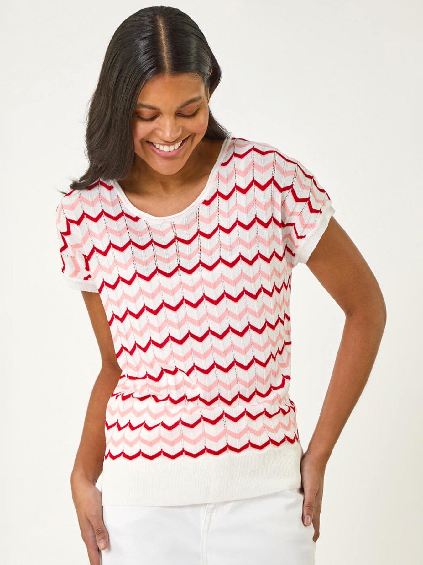  image of roman-chevron-textured-short-sleeve-knitted-top-pink