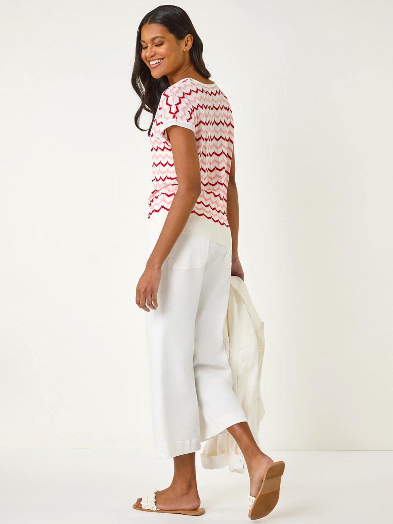  image of roman-chevron-textured-short-sleeve-knitted-top-pink